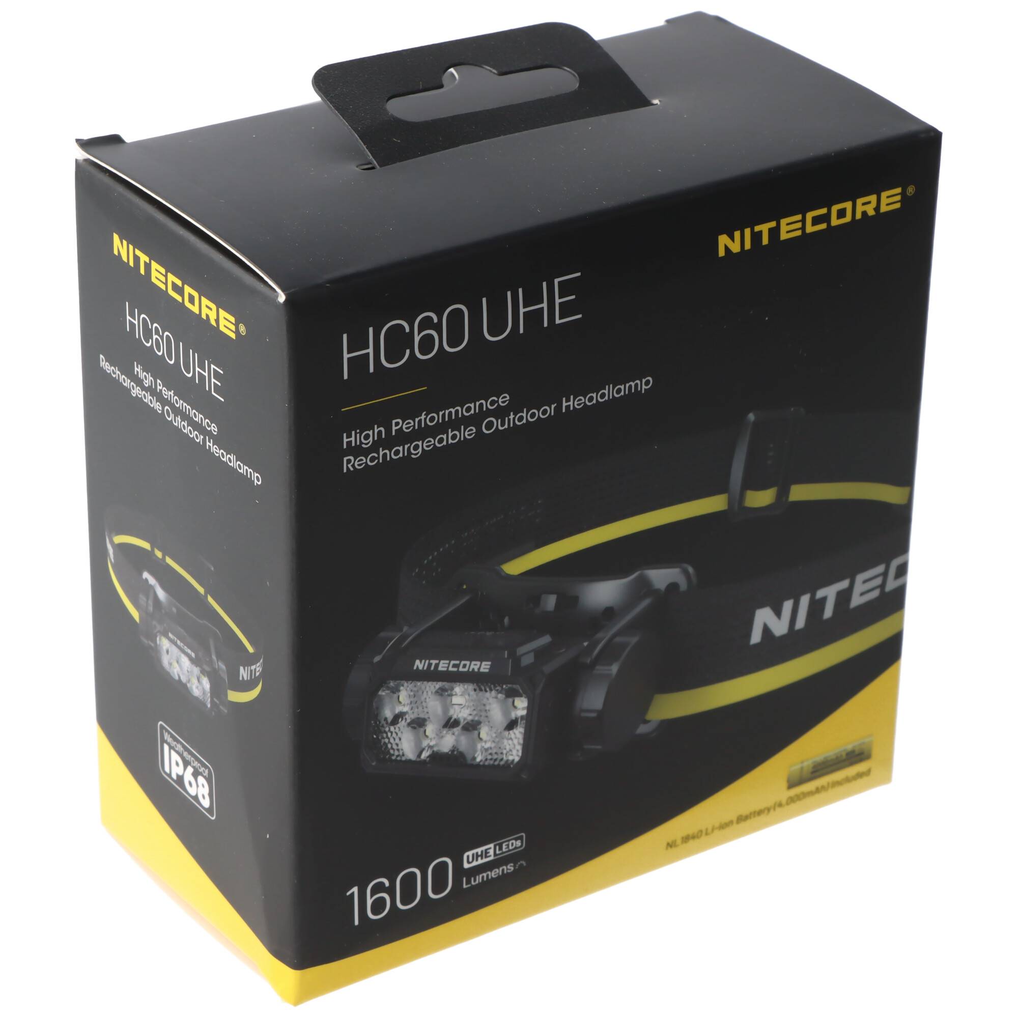 Nitecore HC60 UHE wiederaufladbarer Outdoor-Kopflampe Produktkarton mit Darstellung der Kopflampe und 1600-Lumen-Leuchtstärke.