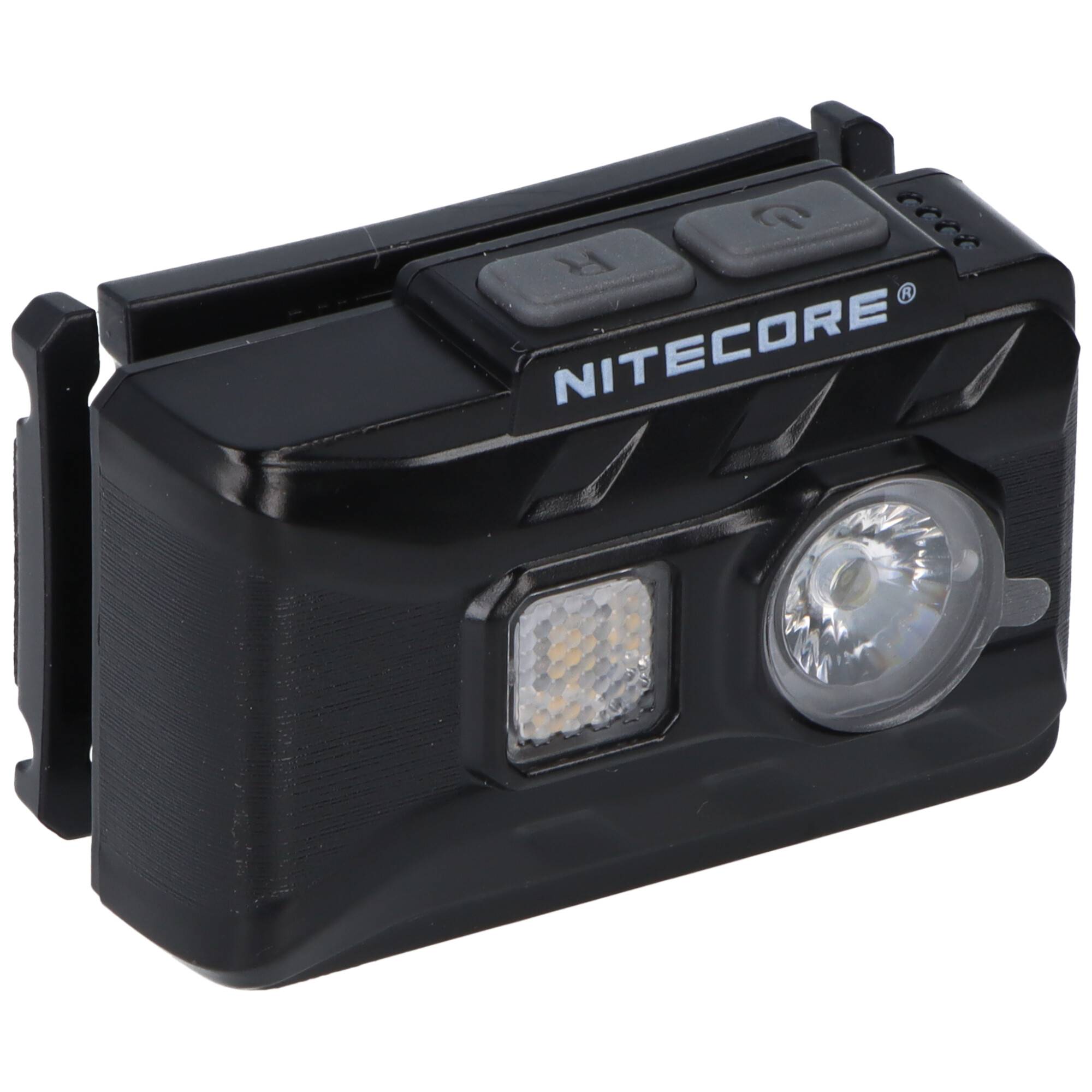 Schwarze NITECORE-Kopflampe mit LED-Licht und oberen Steuertasten, dargestellt auf weißem Hintergrund.
