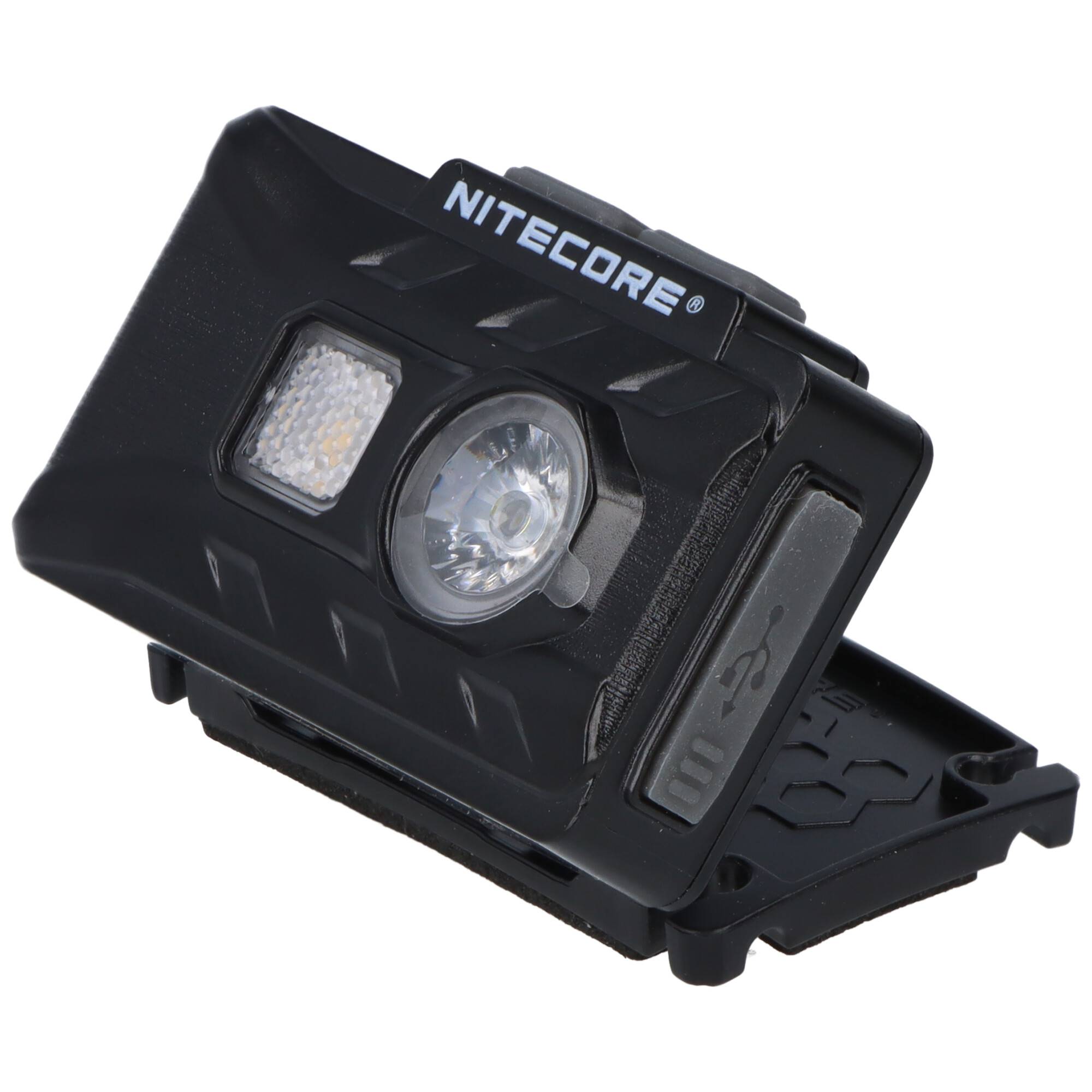Schwarze NITECORE Stirnlampe mit LED-Licht und verstellbarer Befestigungshalterung, auf weißem Hintergrund dargestellt.