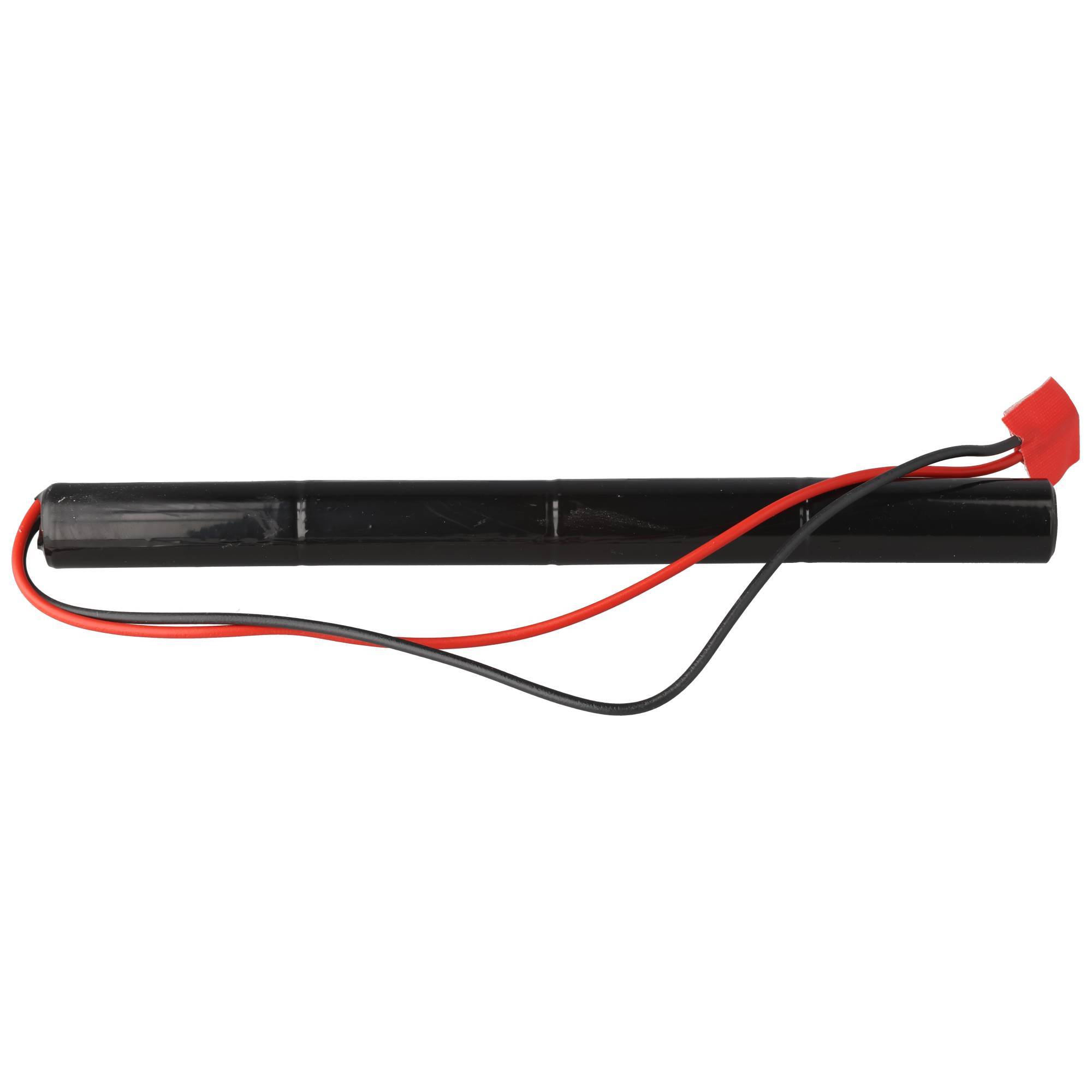 Schwarzes zylindrisches Batteriepaket mit rot- und schwarzen Drähten, die in einem roten Stecker enden