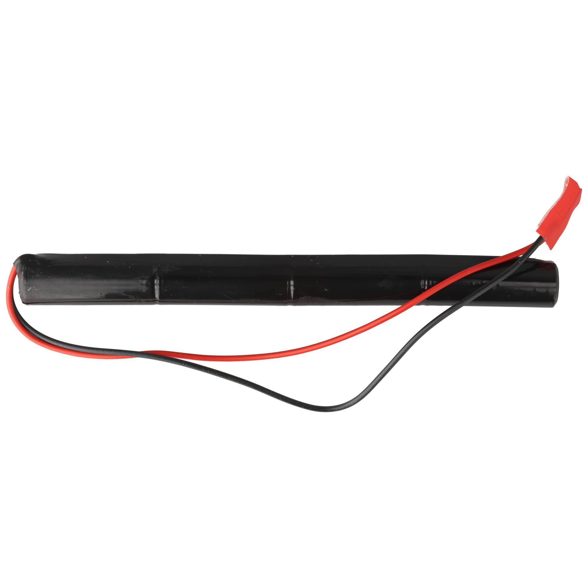 Schwarzes zylindrisches Batteriepack mit roten und schwarzen Kabeln und einem roten Stecker