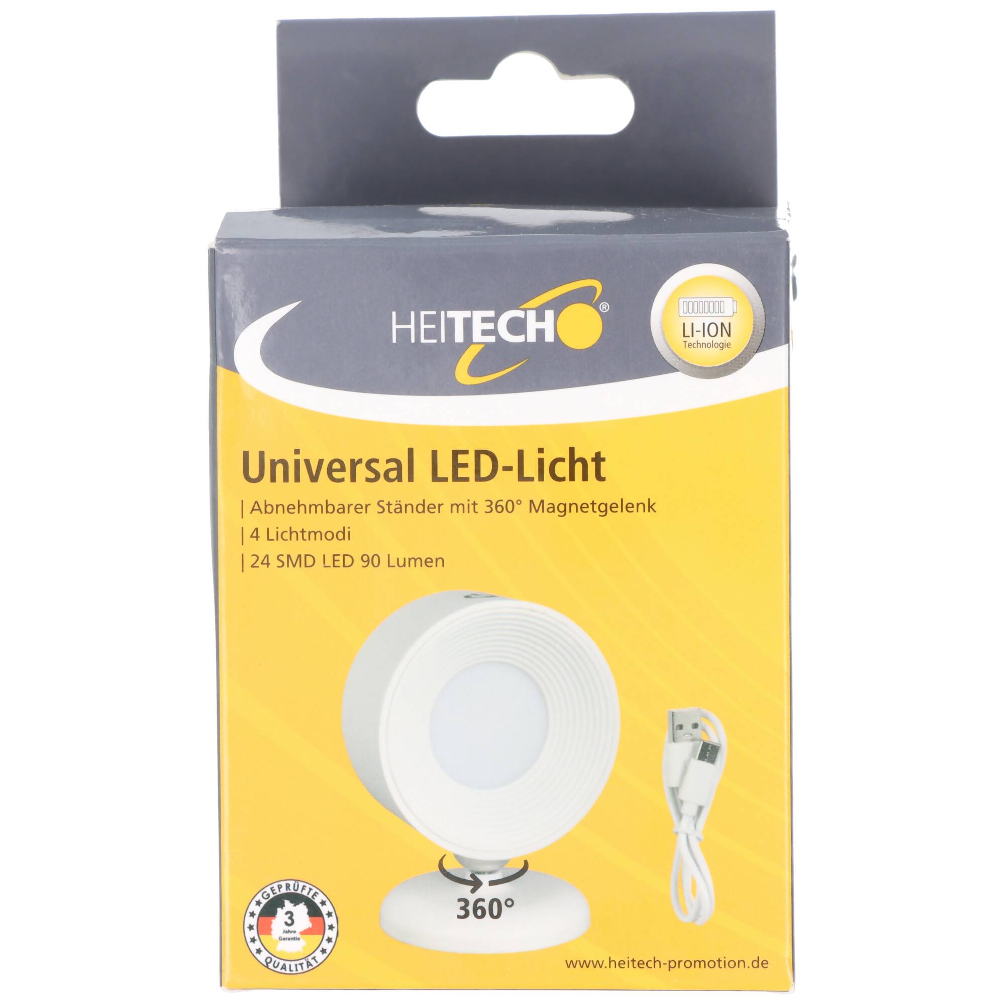 Verpackung für ein HEITECH 'Universal LED-Licht' mit 360°-Magnetständer, 4 Leuchten, 24 SMD-LEDs und enthaltenes USB-Ladekabel.