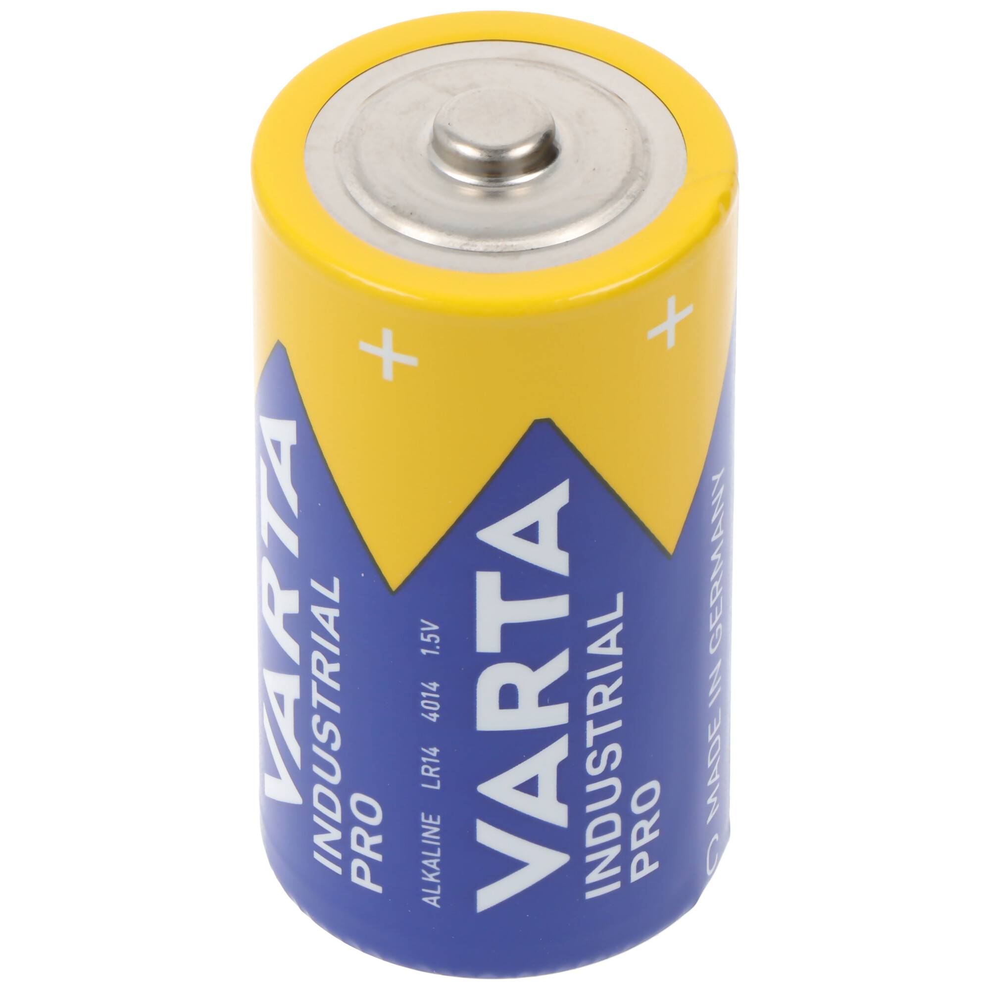 Eine gelb-und-blaue Varta Industrial Pro 1,5V Alkaline-Batterie aufrecht auf weißem Hintergrund stehend.