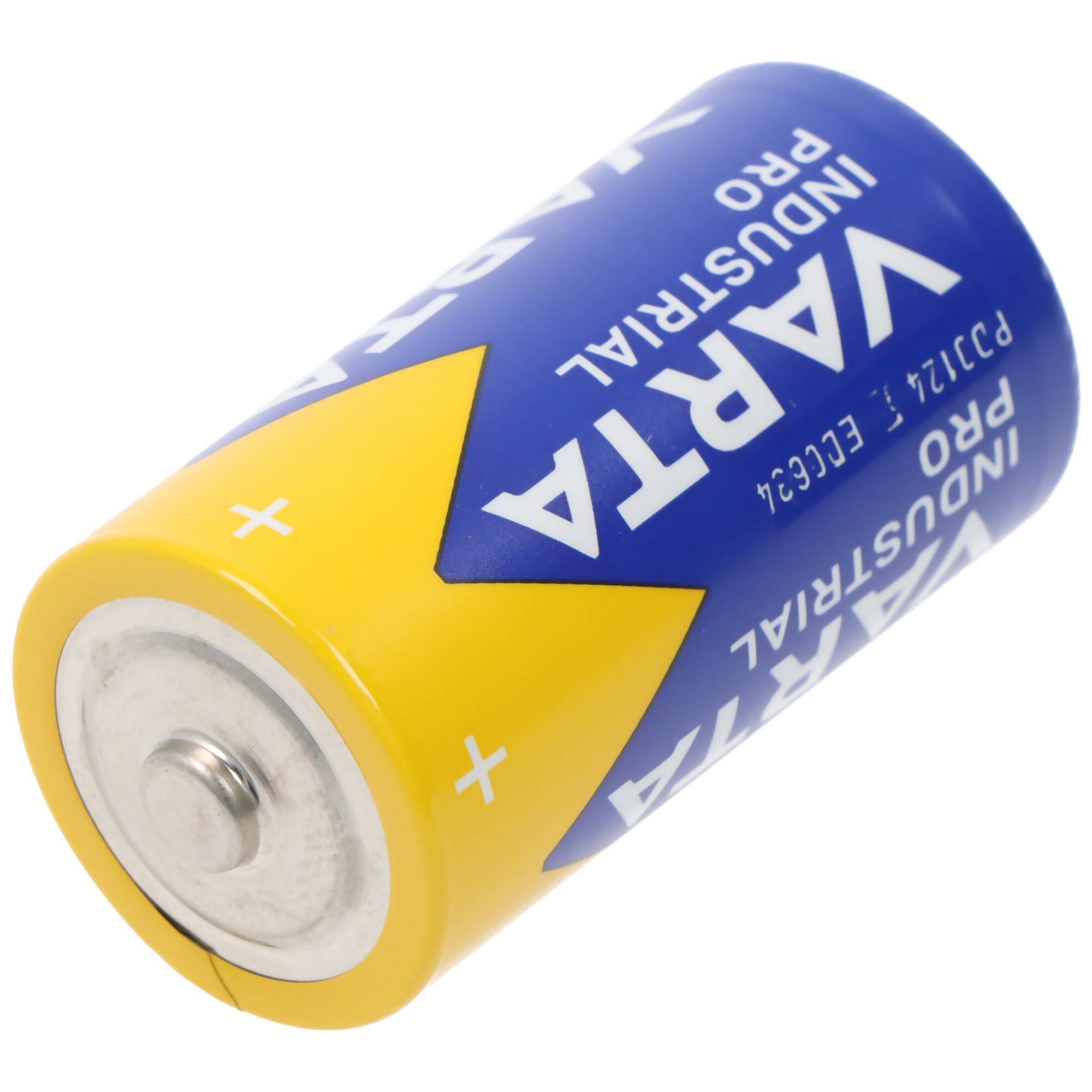 Einzelne AA-Industrie-Batterie mit gelbem Pluspol und blauem Gehäuse mit der Aufschrift „VARTA INDUSTRIAL PRO