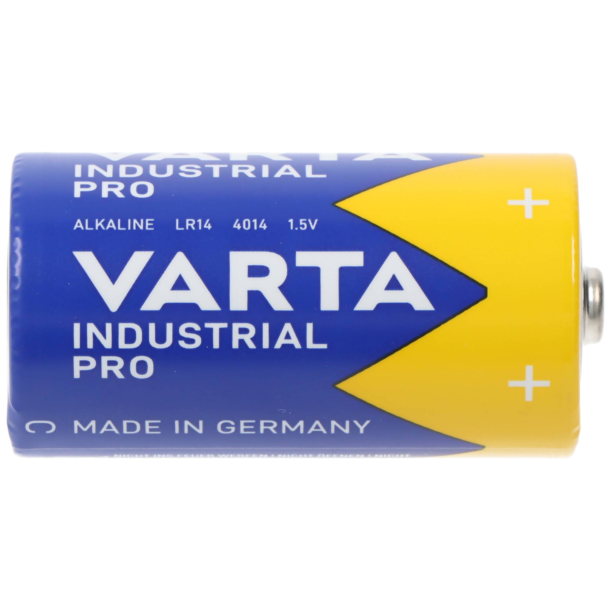 Eine Varta Industrial Pro Alkaline-Batterie LR14 1,5V, blau und gelb, auf weißem Hintergrund dargestellt.