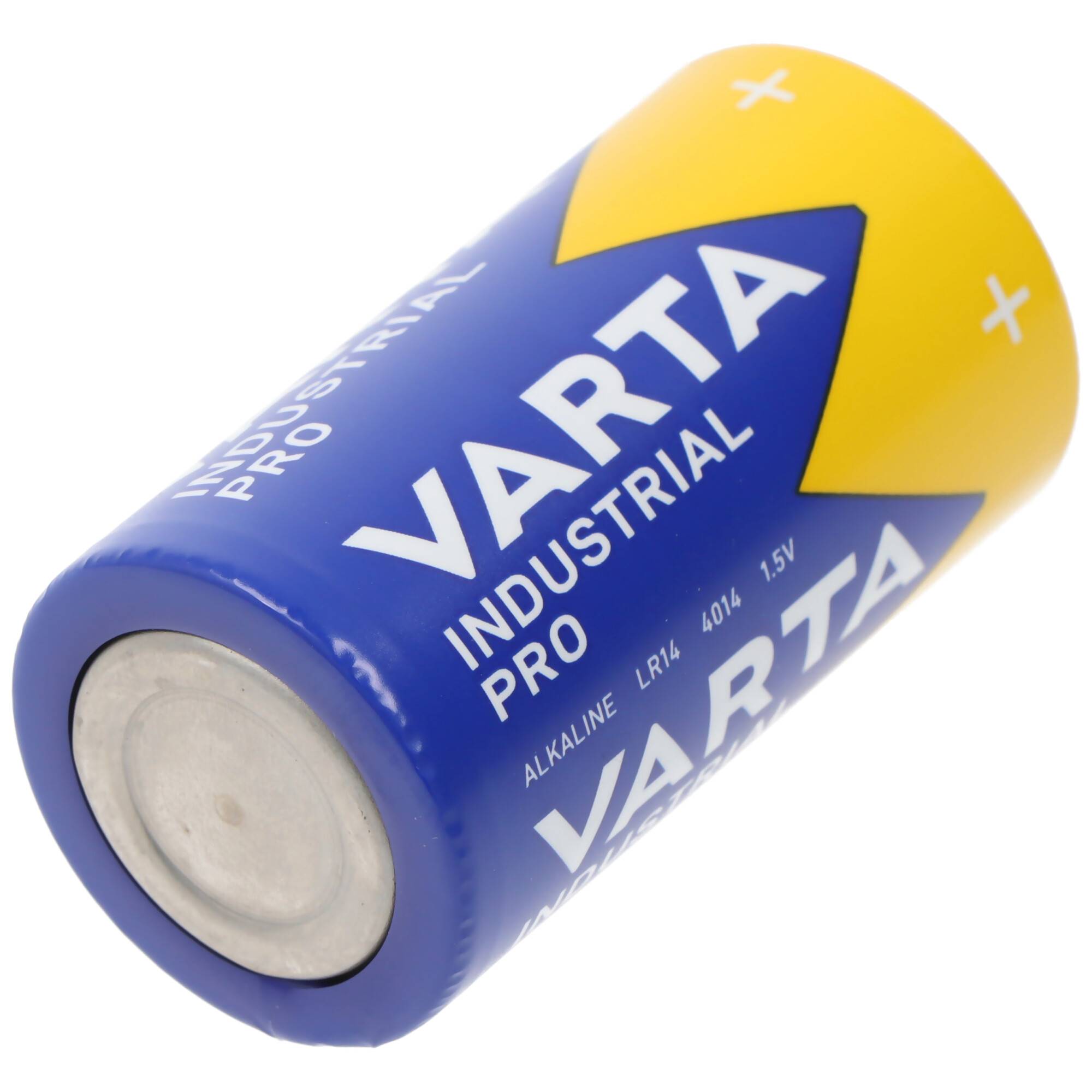 Eine blaue und gelbe VARTA Industrial Pro Alkalibatterie auf weißem Hintergrund.