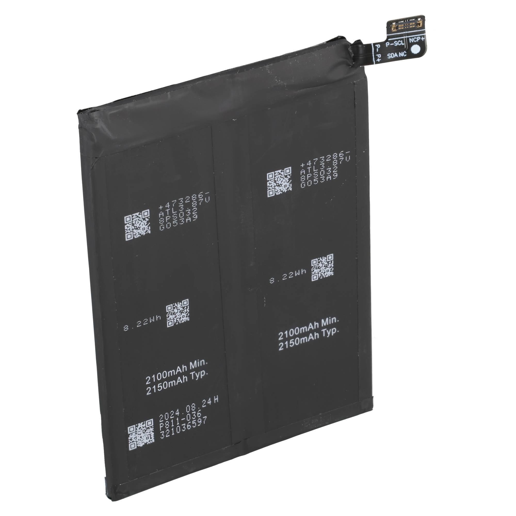 Schwarzes Smartphone-Akku-Pack mit Anschlussfahnen, gekennzeichnet mit 2100mAh min und 2150mAh typ.
