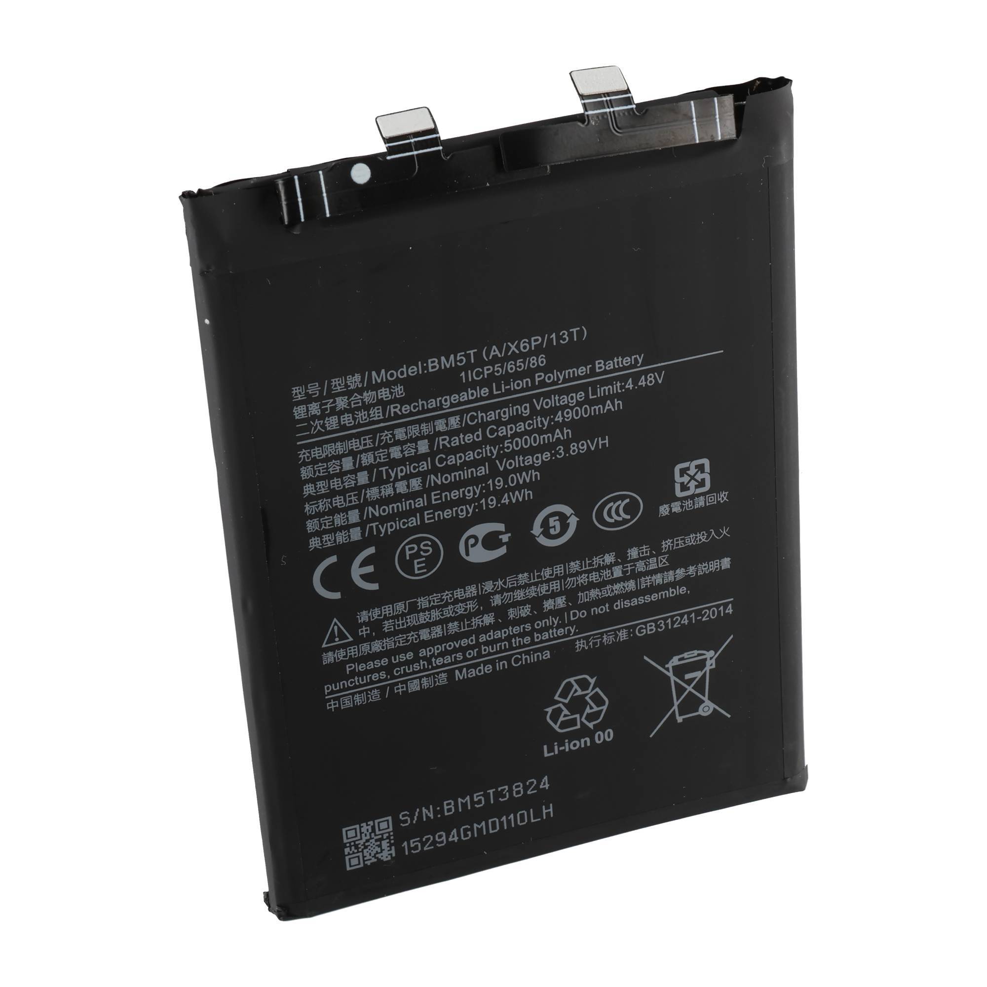 Schwarze Lithium-Ionen-Handy-Batterie mit gedruckten Spezifikationen und Anschlüssen oben