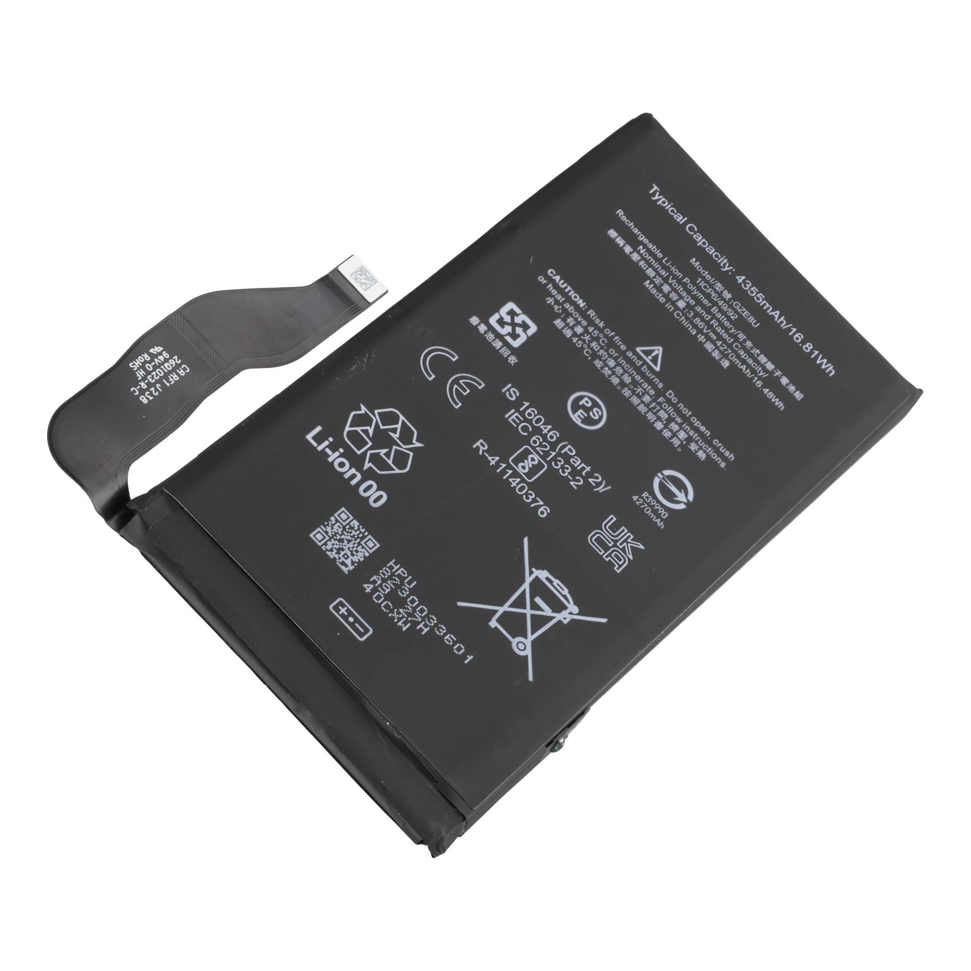 Schwarzes Lithium-Ionen-Akku-Pack mit befestigter Lasche und gedruckten Sicherheits-/Spezifikationsetiketten auf weißem Hintergrund.