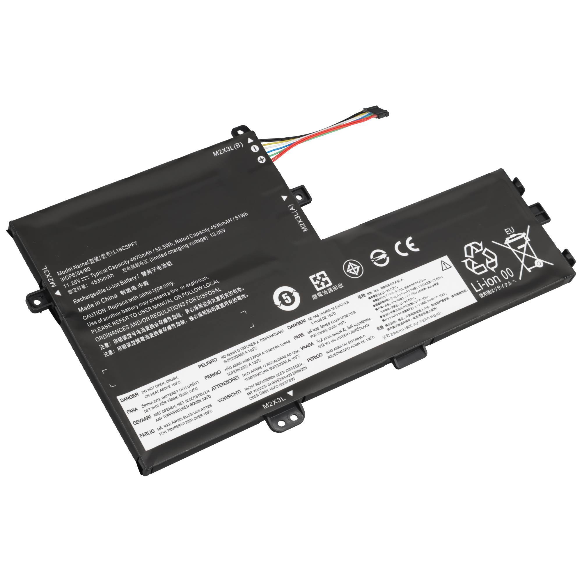 Schwarze Laptop-Batterie mit angeschlossenen mehrfarbigen Drähten und Etiketten, dargestellt auf weißem Hintergrund.