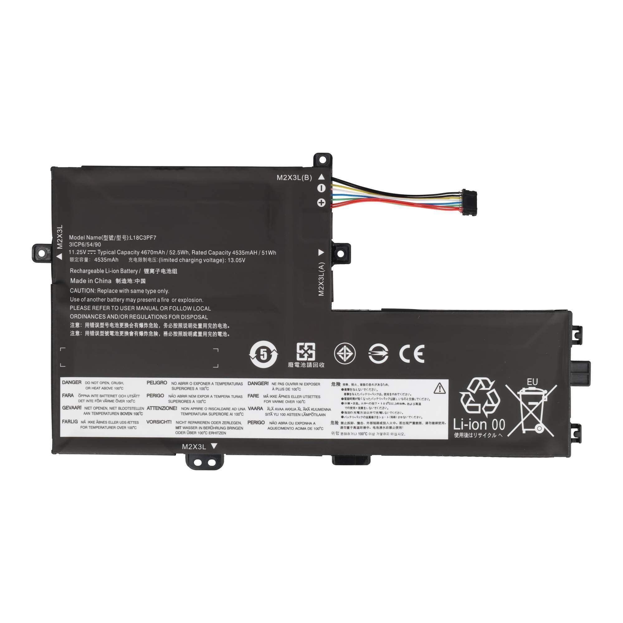 Schwarzes Laptop-Akkupack mit angebrachtem mehrfarbigem Stecker und gedruckten Sicherheitsetiketten auf weißem Hintergrund.