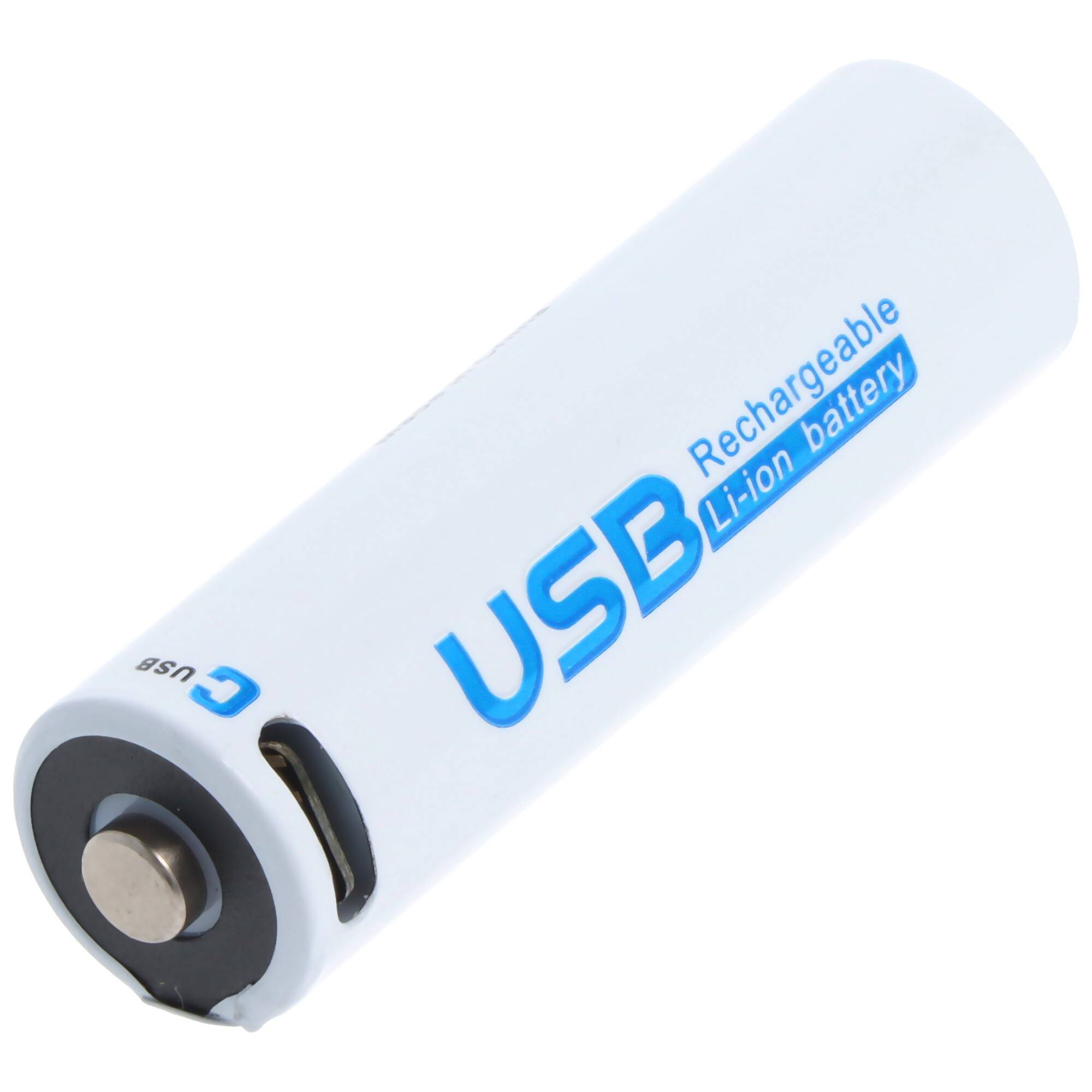 Weiße wiederaufladbare USB-Lithium-Ionen-Batterie auf einfachem Hintergrund mit USB-Anschluss und beschriftet mit „USB Rechargeable Li-ion battery