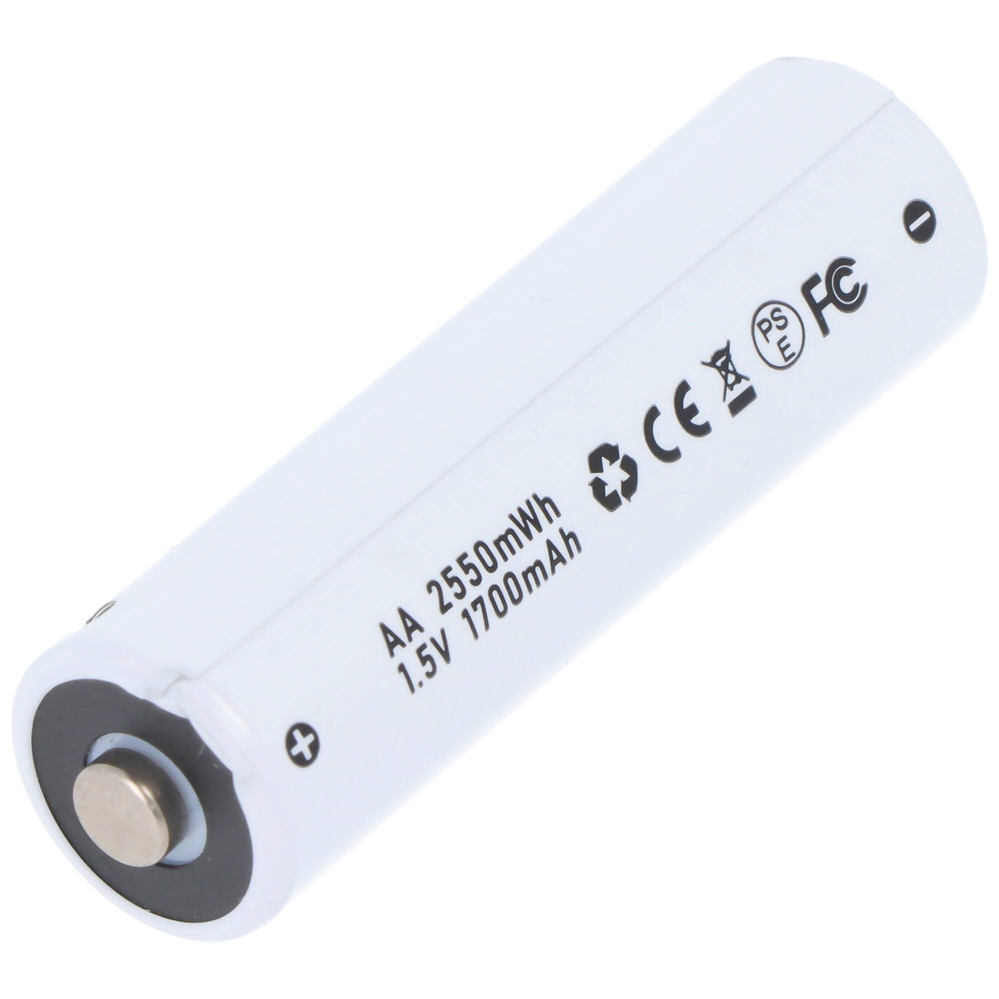 Weiße AA-Akku-Batterie diagonal gezeigt, mit der Bezeichnung 2550mWh, 1,5V, 1700mAh mit Sicherheits- und Zertifizierungssymbolen.