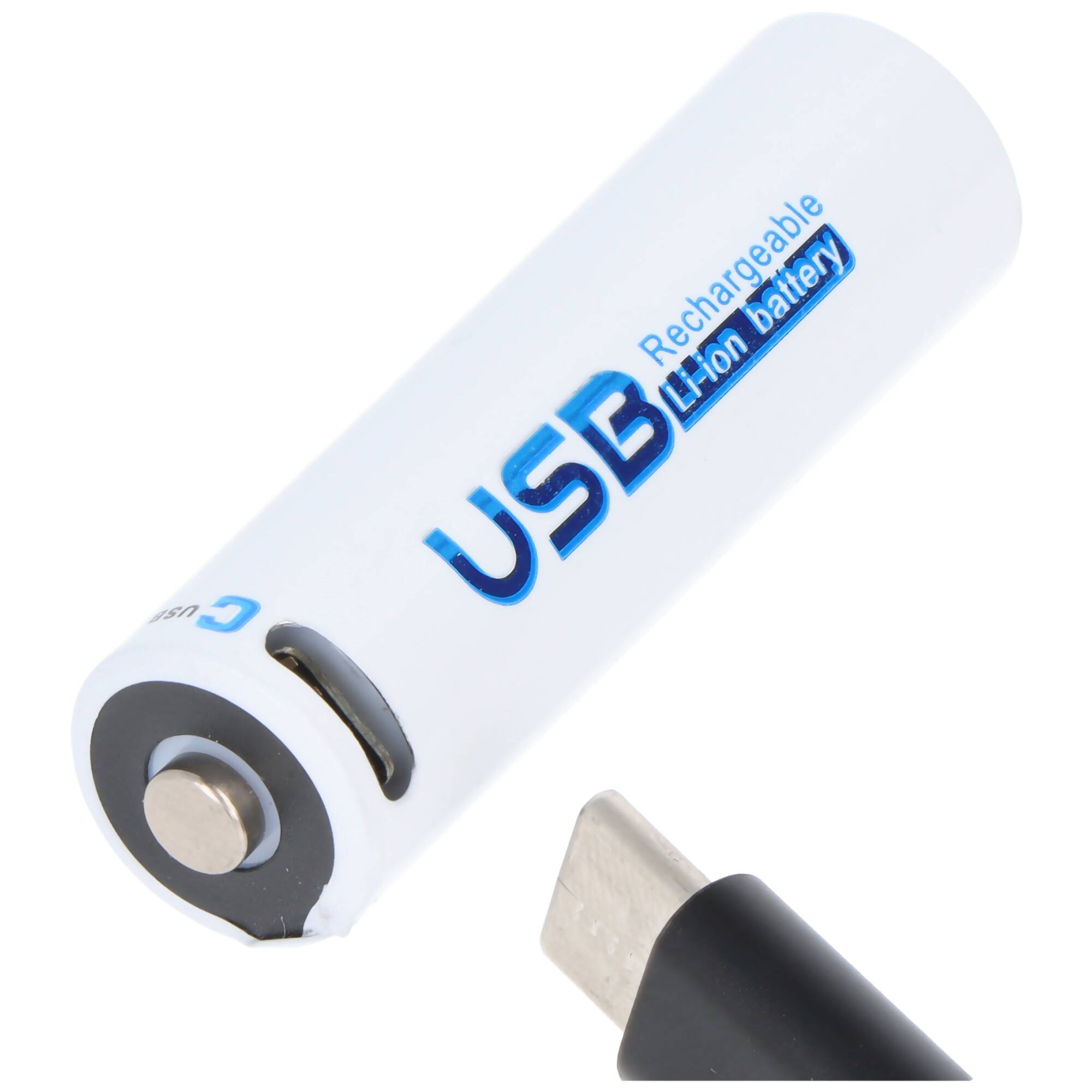 Weiße aufladbare USB-Lithiumbatterie mit USB-Steckerverbinder auf einfachem Hintergrund dargestellt.