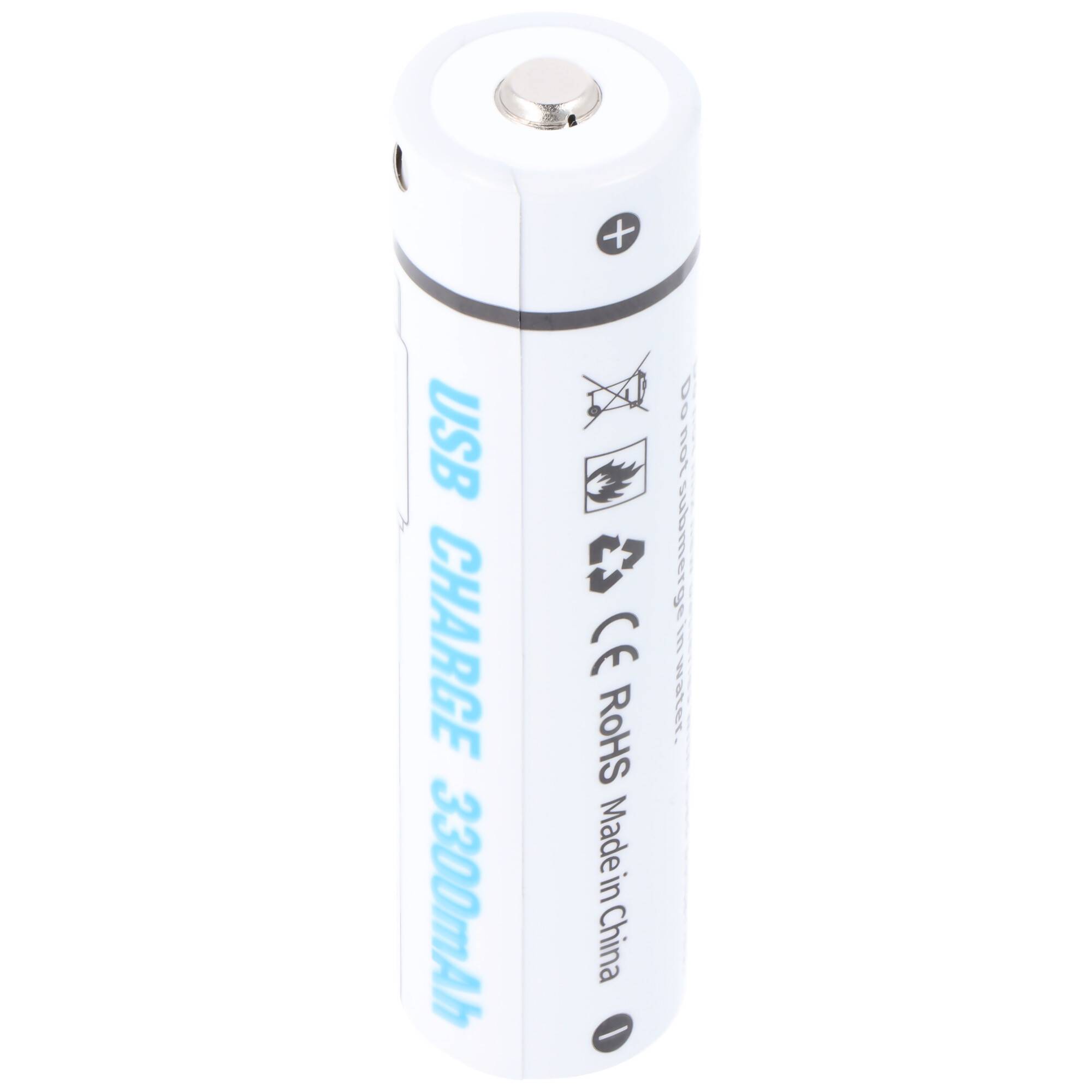 Weiße USB-aufladbare AA-Batterie mit der Aufschrift „USB CHARGE 3300mAh