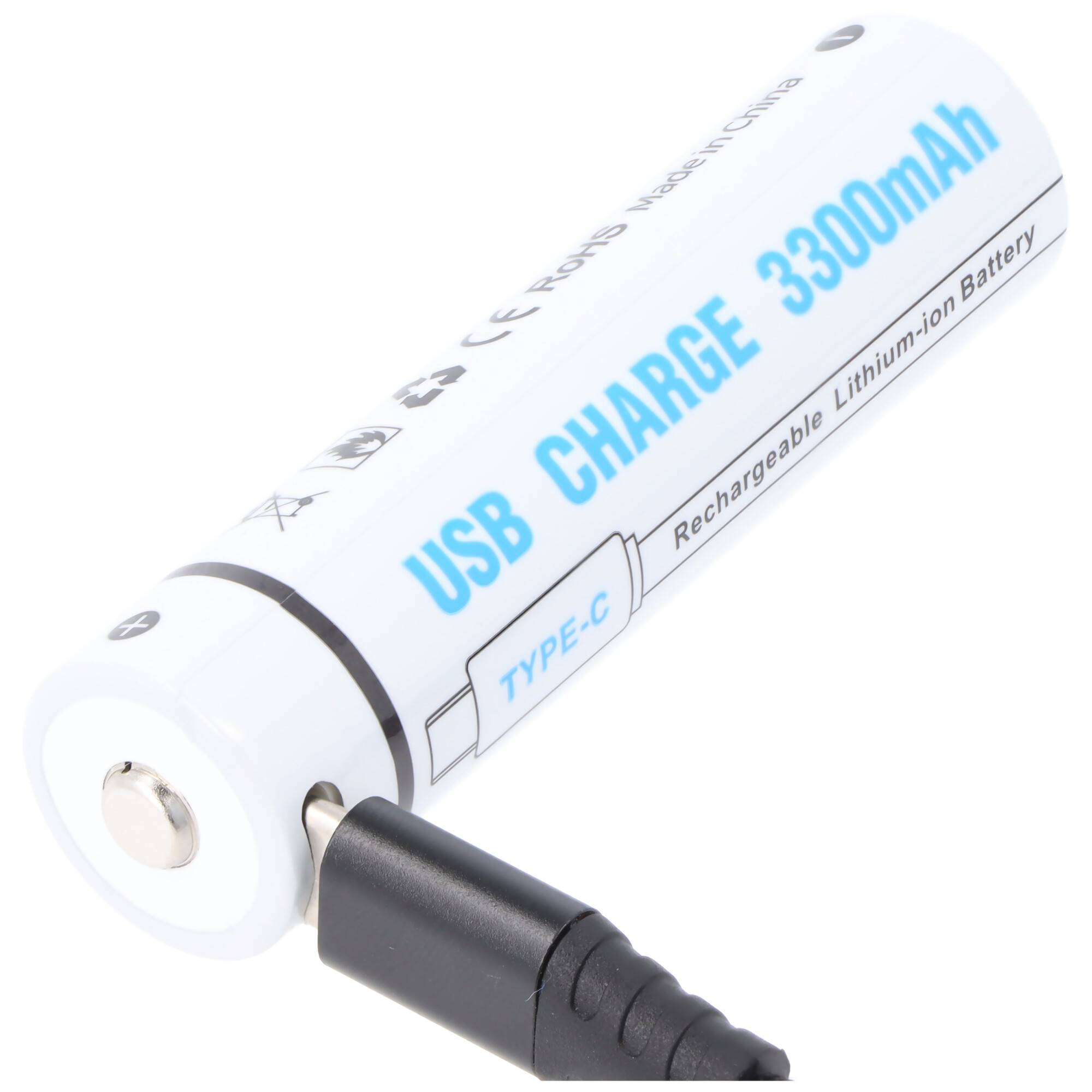 Weiße, über USB aufladbare Lithium-Ionen-Batterie mit der Aufschrift „USB CHARGE 3300mAh