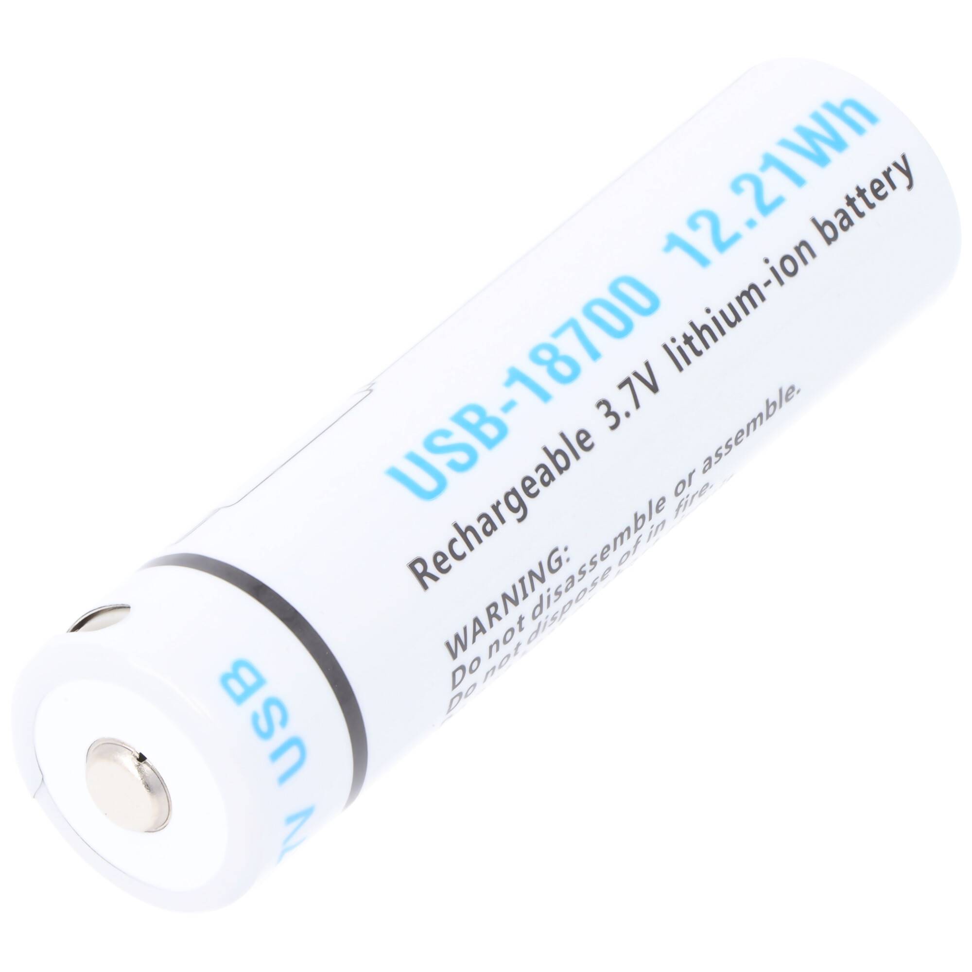 Weiße wiederaufladbare USB-18700 3,7-V-Lithium-Ionen-Batterie mit der Bezeichnung 12,21Wh, gezeigt auf weißem Hintergrund.