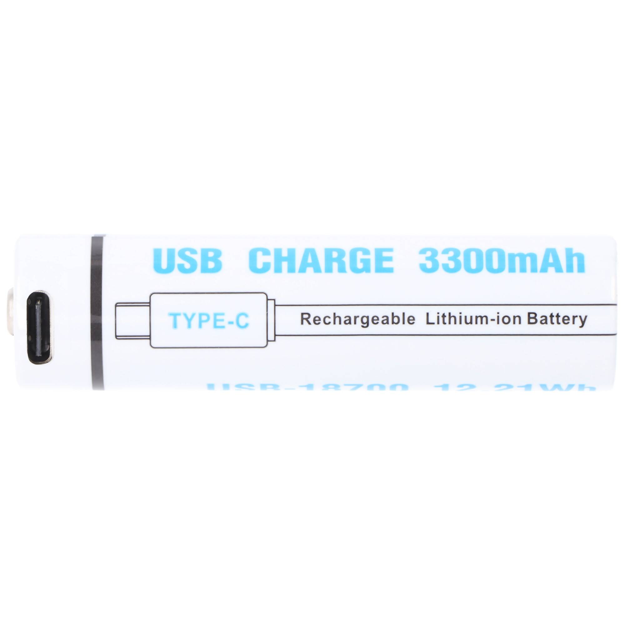 Weiße wiederaufladbare Lithium-Ionen-Batterie mit USB-Typ-C-Anschluss, bezeichnet als „USB CHARGE 3300mAh