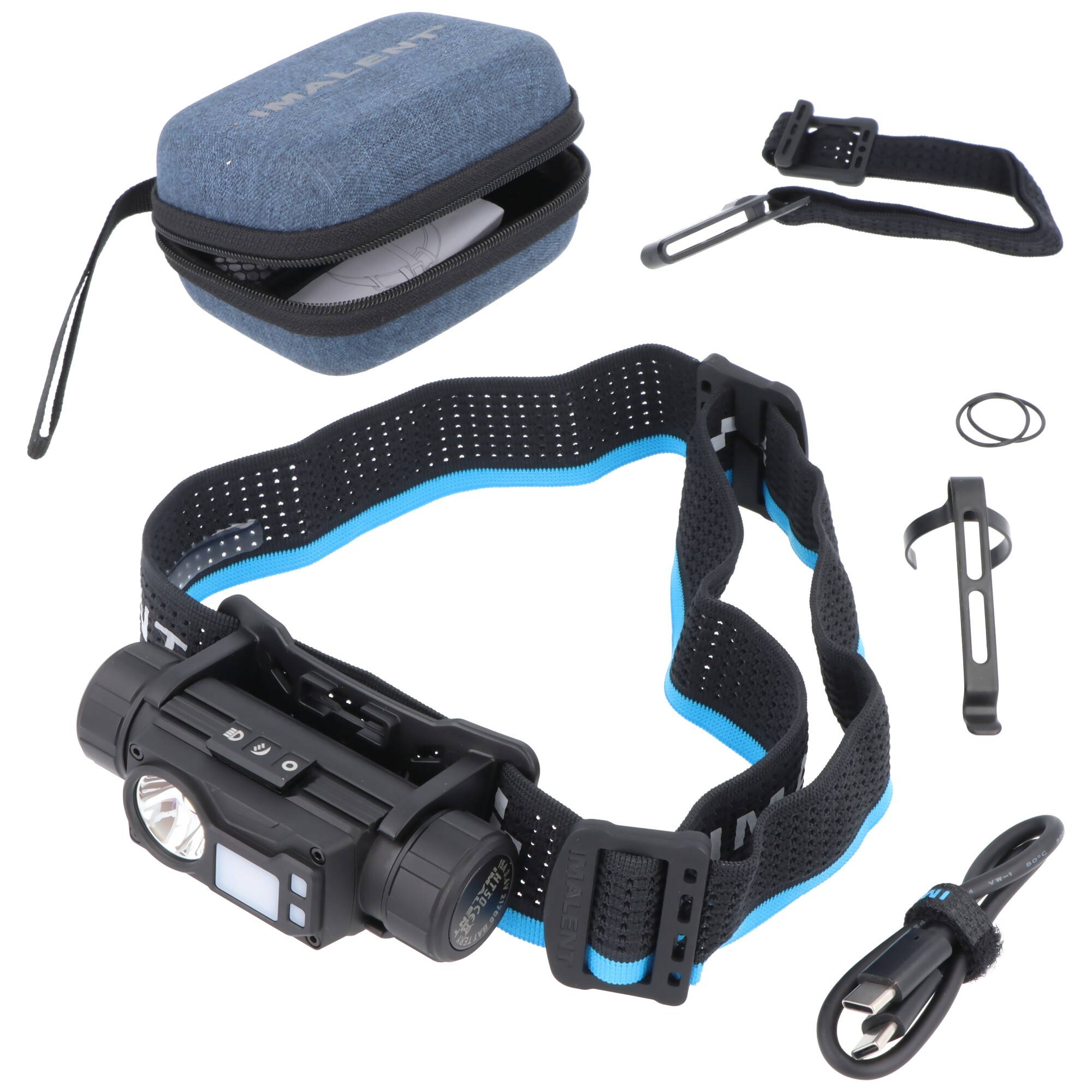 Kopflampen-Set mit verstellbarem elastischem Kopfband, Tragetasche, USB-Kabel und Montage-Zubehör auf weißem Hintergrund.