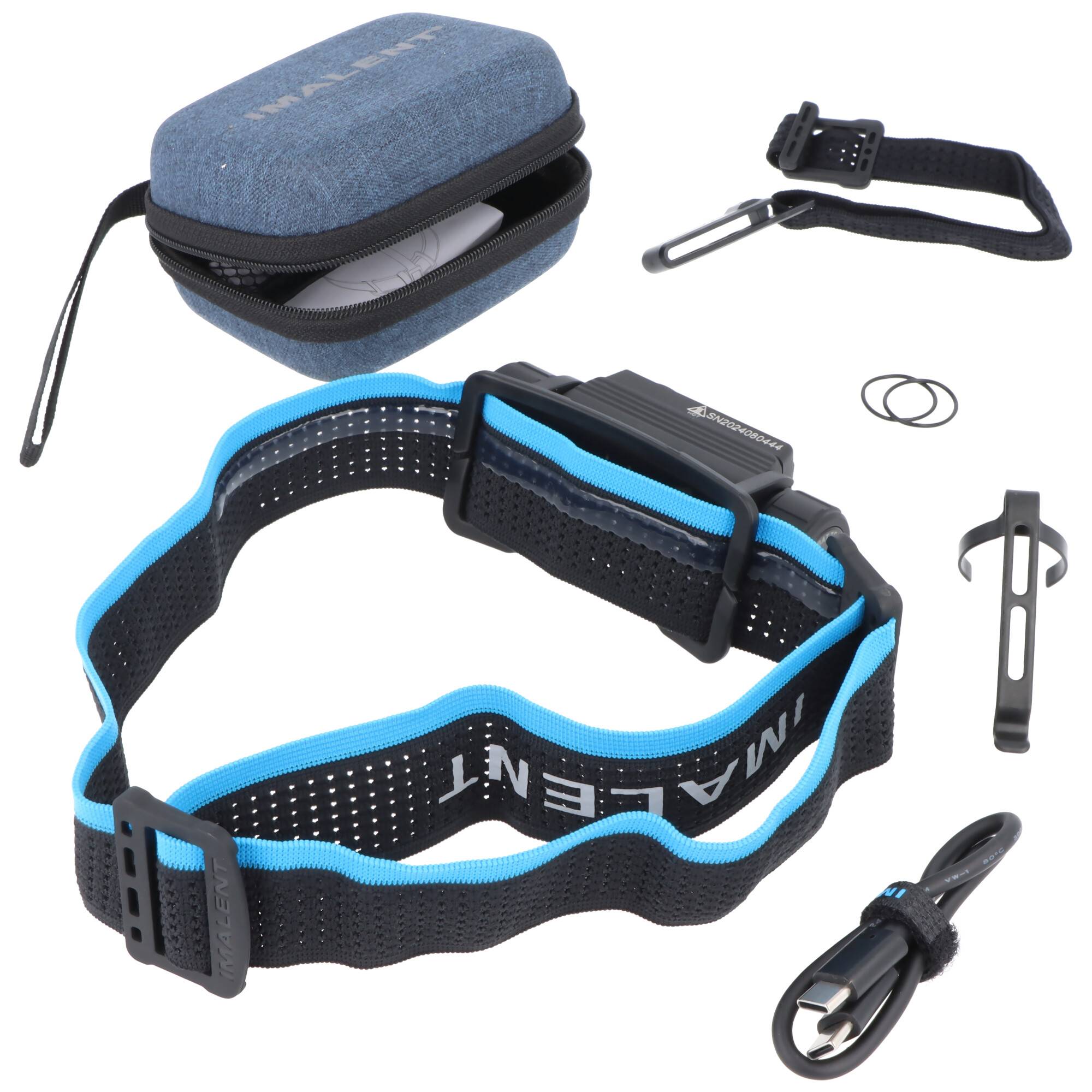 Verstellbares schwarz-blaues tragbares Stirnlampenband mit Transporttasche, Befestigungsclips, Ringen und Ladekabel auf weißem Hintergrund dargestellt.