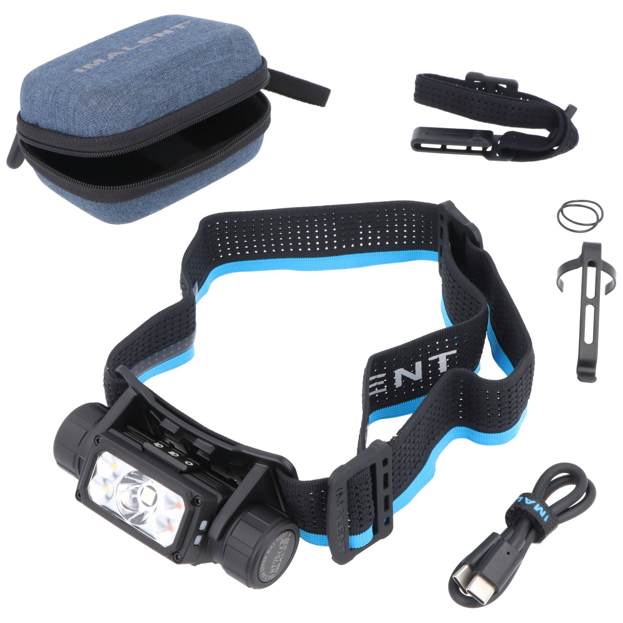 LED-Stirnlampe mit verstellbarem Kopfband, Ladekabel, Ersatzband und Clips, dargestellt mit Tragekoffer.
