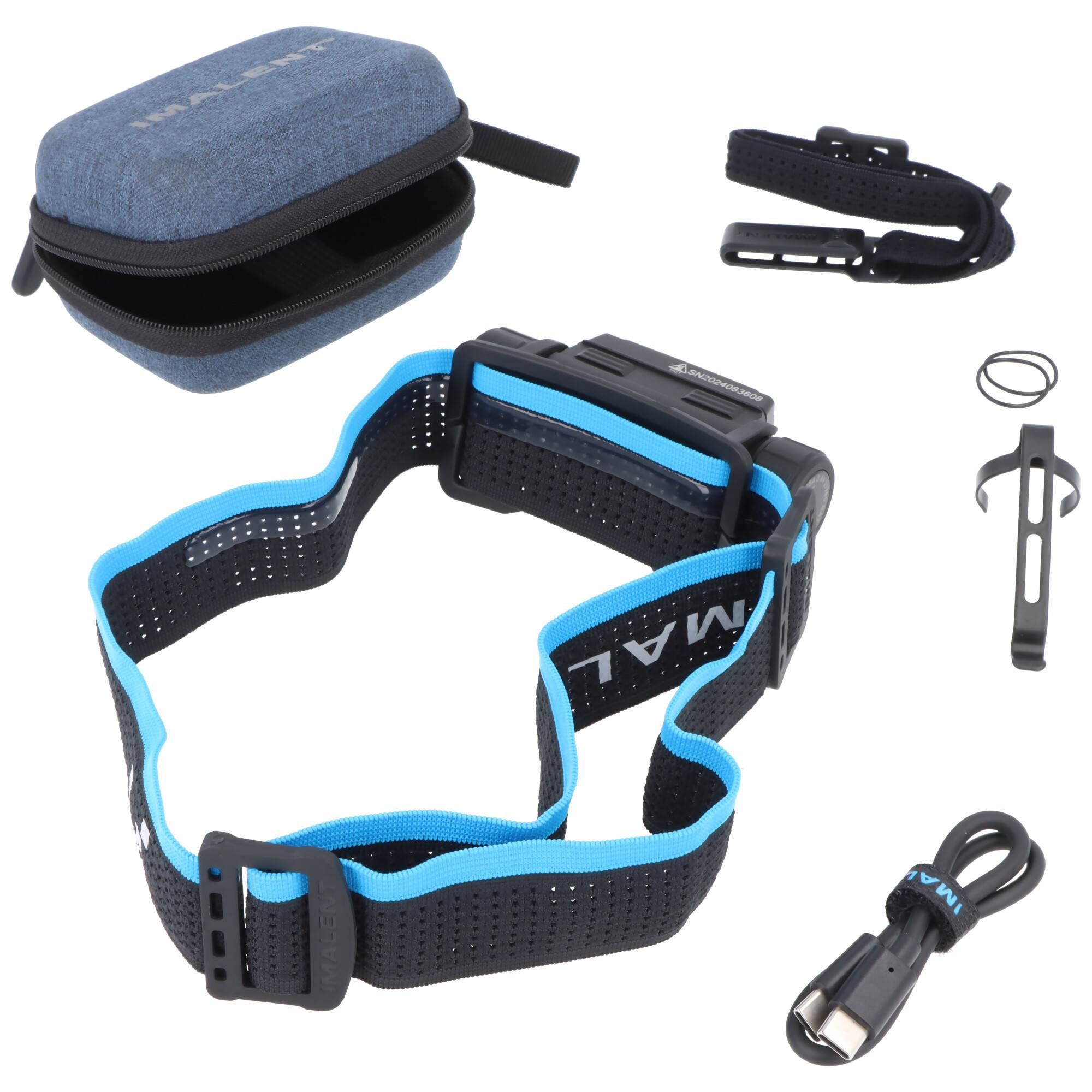 Verstellbares Kopflampen-Riemen-Set in Schwarz und Blau mit Tragetasche und Zubehörclips, als Produktset auf weißem Hintergrund dargestellt.