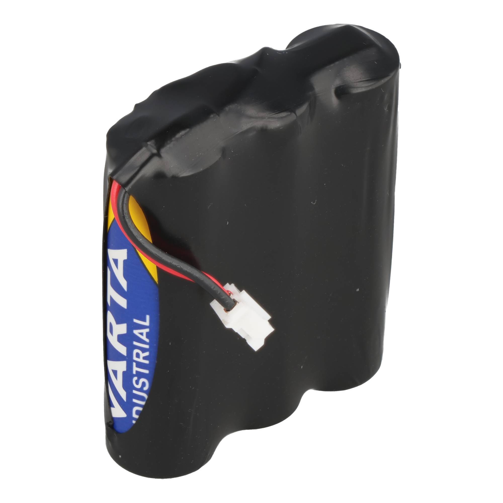 Schwarzes eingewickeltes Batteriepak mit roten und schwarzen Kabeln und einem weißen Stecker, gezeigt auf weißem Hintergrund.