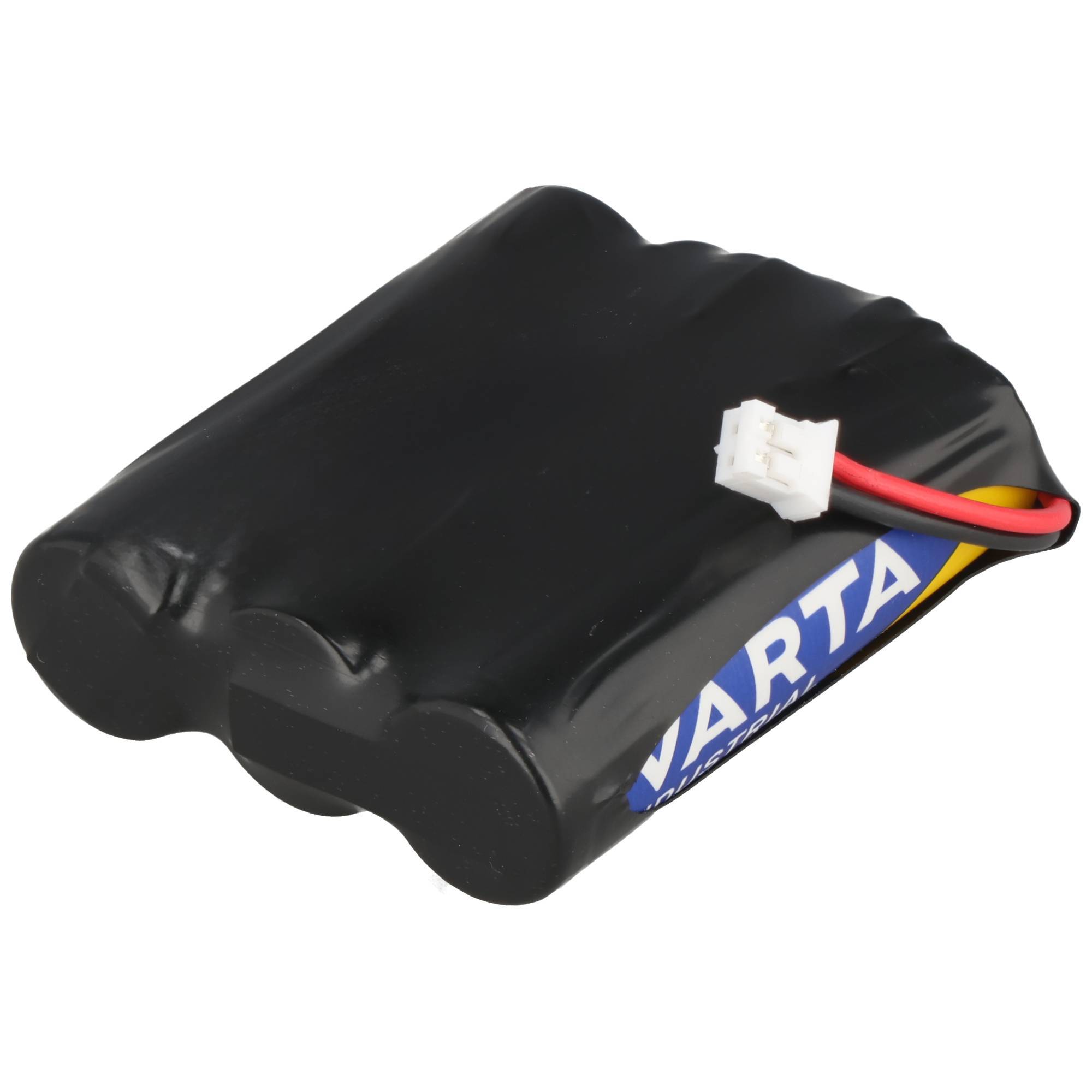 Schwarzes wiederaufladbares Batteriepaket mit weißem Stecker und roten, gelben und schwarzen Drähten, gekennzeichnet mit VARTA.