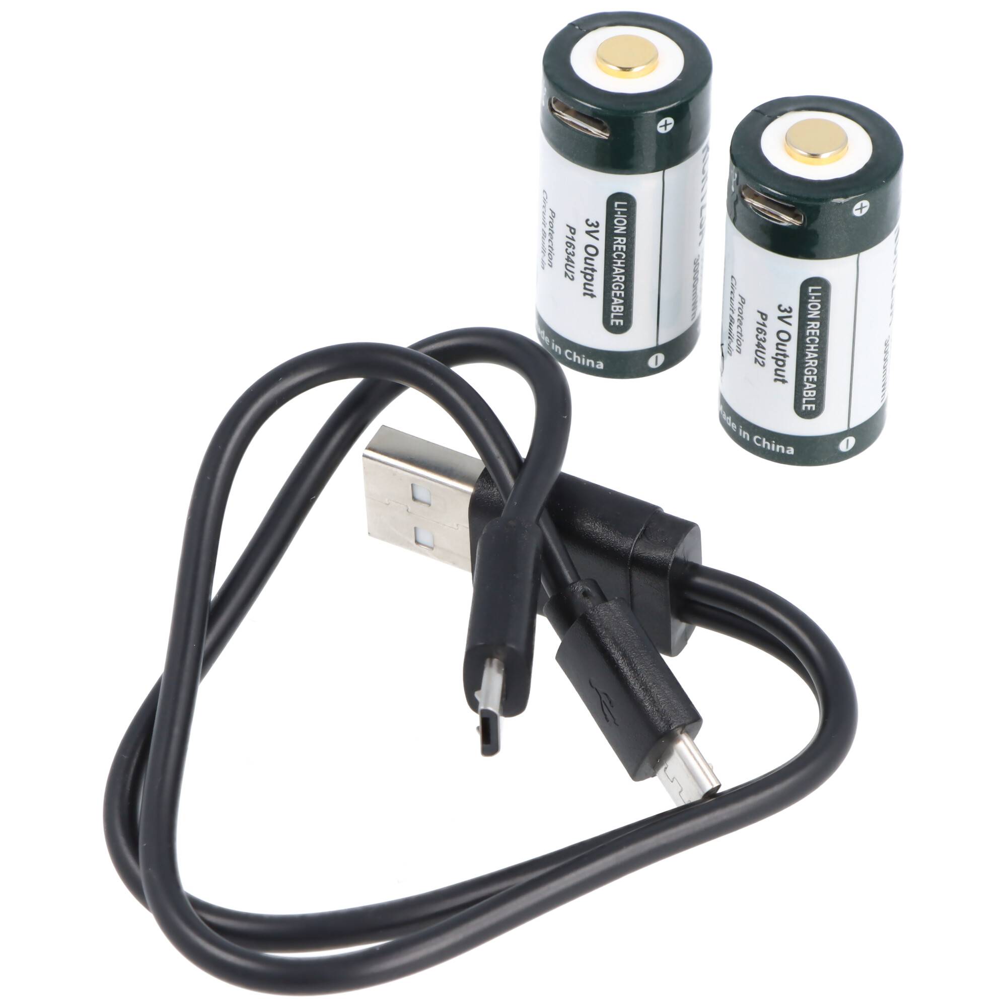 USB-Ladekabel mit einem Micro-USB-Anschluss und zwei wiederaufladbaren Batterien mit der Bezeichnung "3V Ausgabe"".