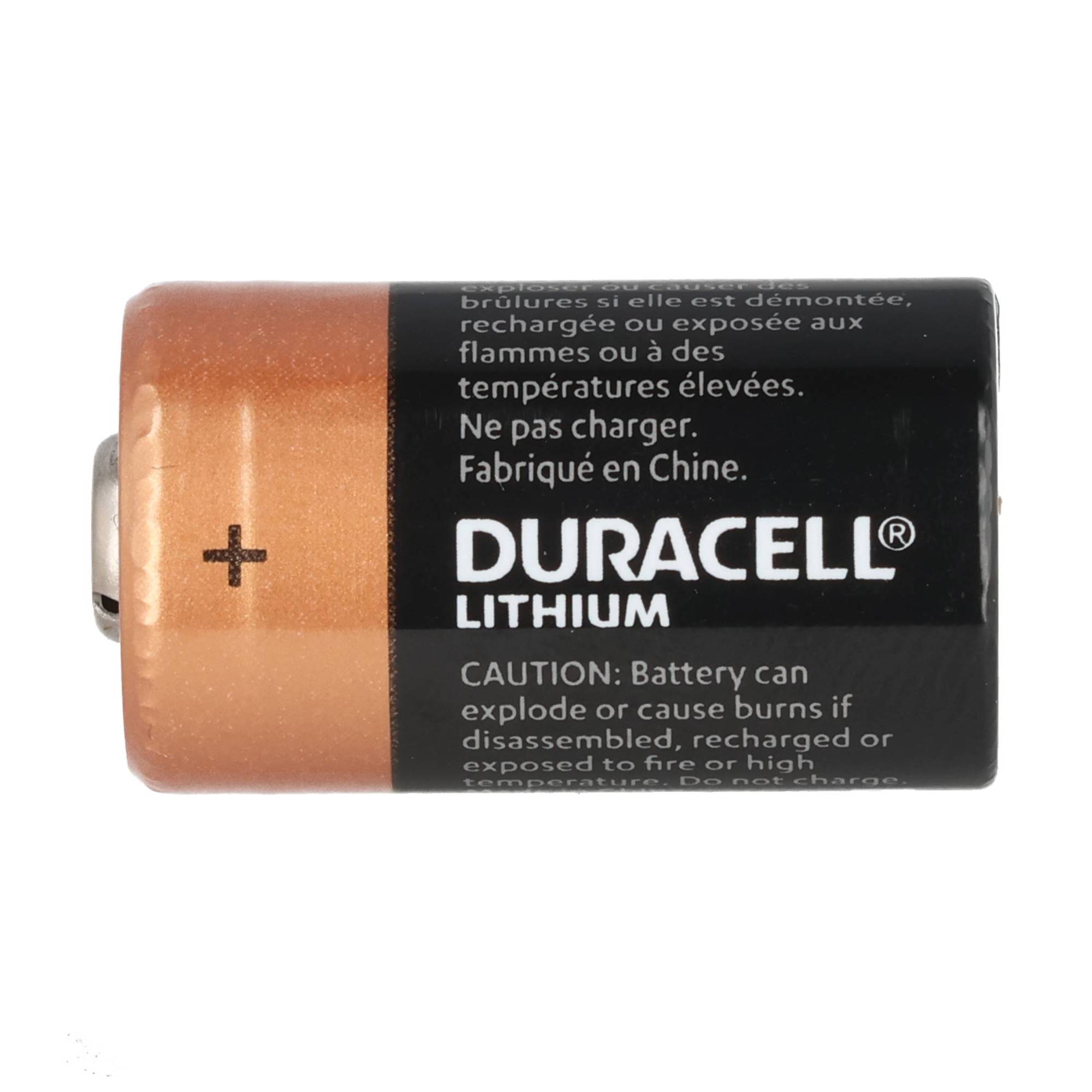 Duracell-Lithiumbatterie horizontal dargestellt, mit dem Pluspol gekennzeichnet durch ein Pluszeichen.