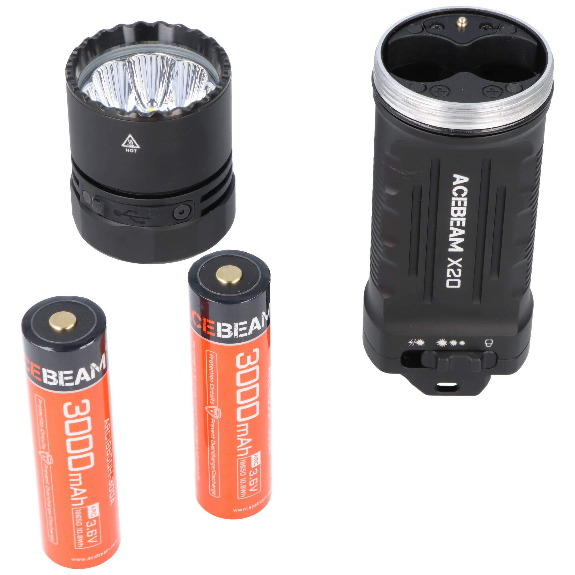 ACCEBEAM X20 Taschenlampe mit zwei 3000mAh wiederaufladbaren Batterien, gezeigt mit dem Lichtkopf und den Gehäuseteilen separat.