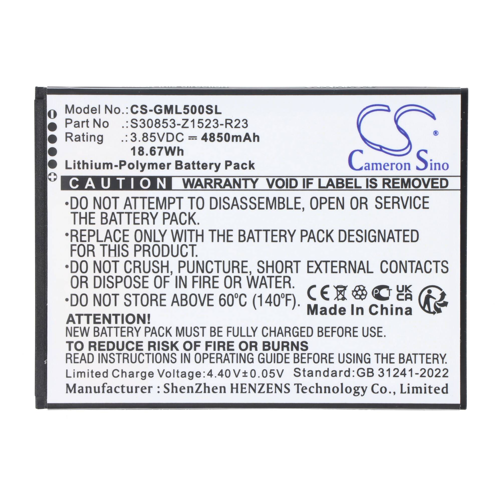Etikett auf einem Cameron Sino Lithium-Polymer-Akku-Pack, Modell CS-GML500SL, 3,85VDC 4850mAh, 18,67Wh, mit Sicherheitswarnungen und „Made in China