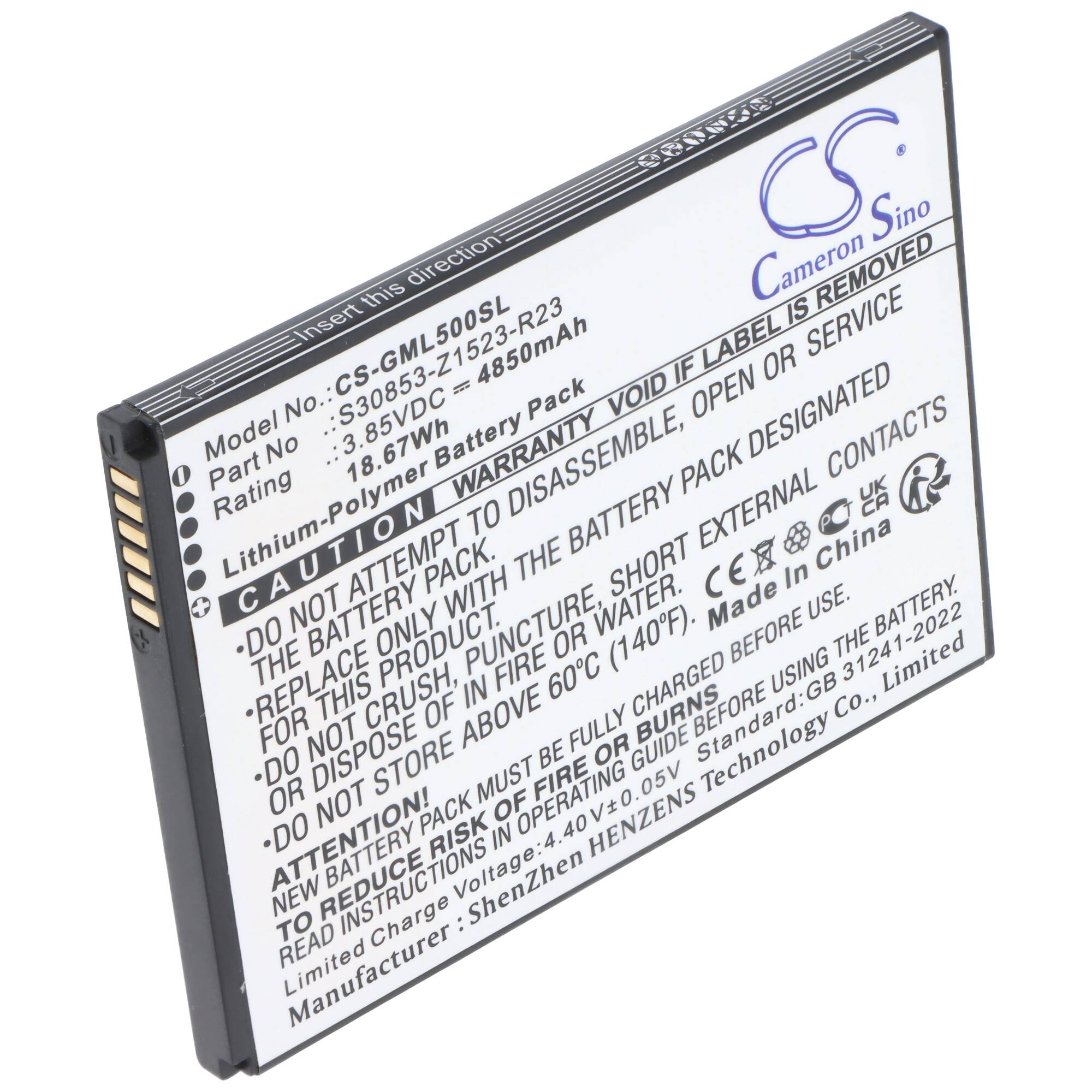 Beschriftete Lithium-Polymer-Batterie mit Warntext und Batteriespezifikationen, dargestellt als rechteckiges Cameron Sino-Batteriepaket.