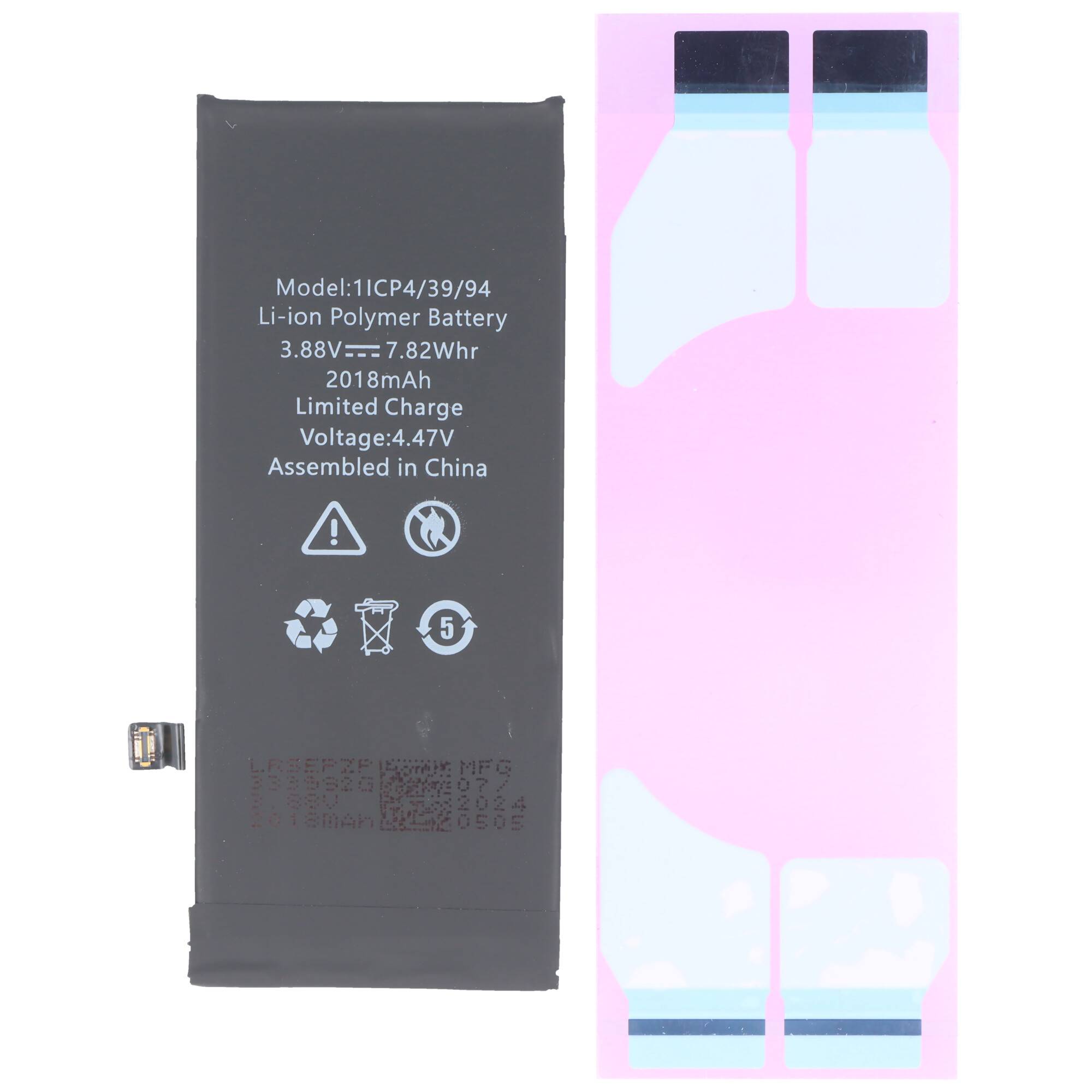 Austauschbares Lithium-Ionen-Polymer-Akkumodul mit gedruckten Spezifikationen und Anschlussfahnen auf rosa selbstklebendem Untergrund.