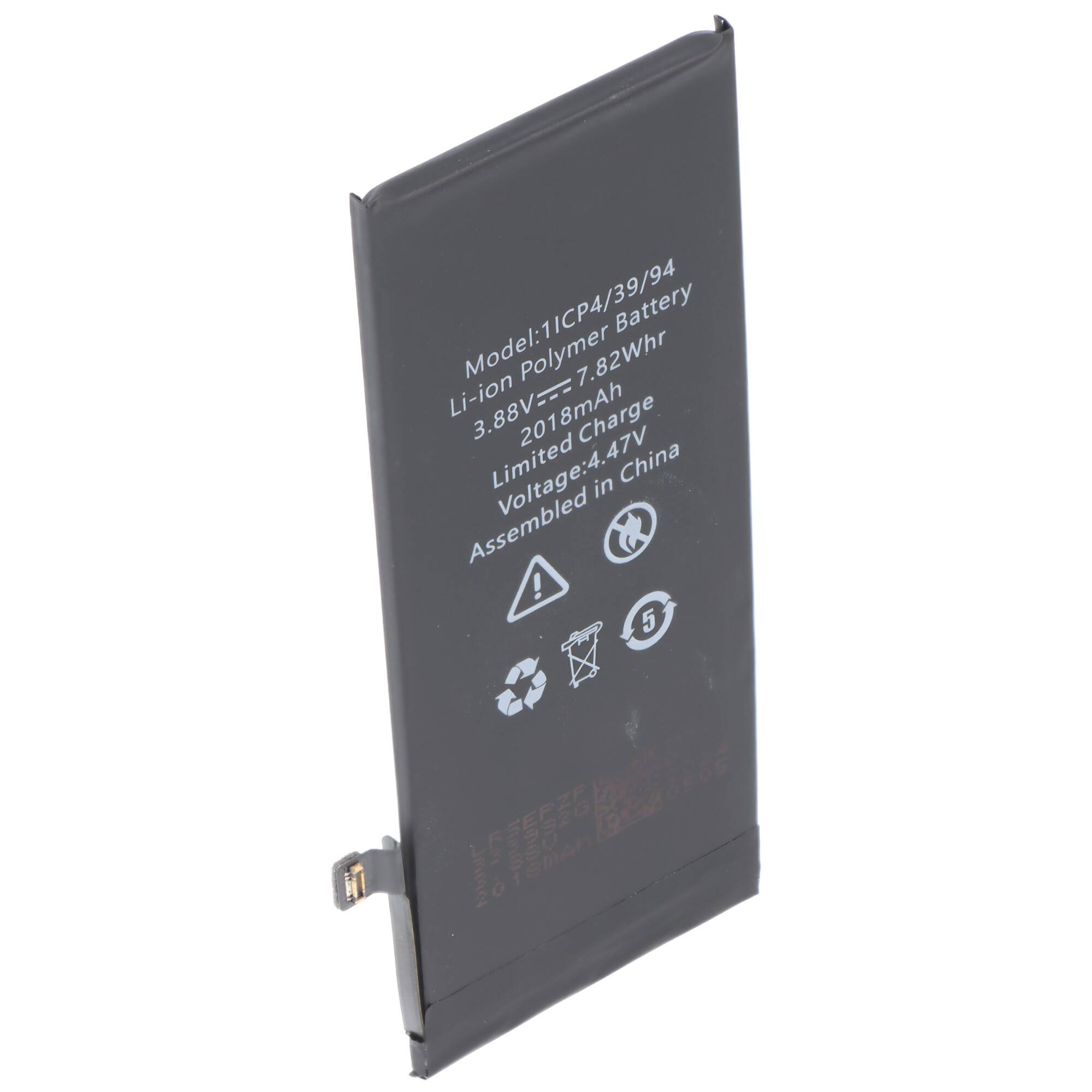 Schwarzer Lithium-Polymer-Akkupack mit Bezeichnung 3,88V, 7,82Wh, Modell 1CP4/39/94, mit Steckerfahne.