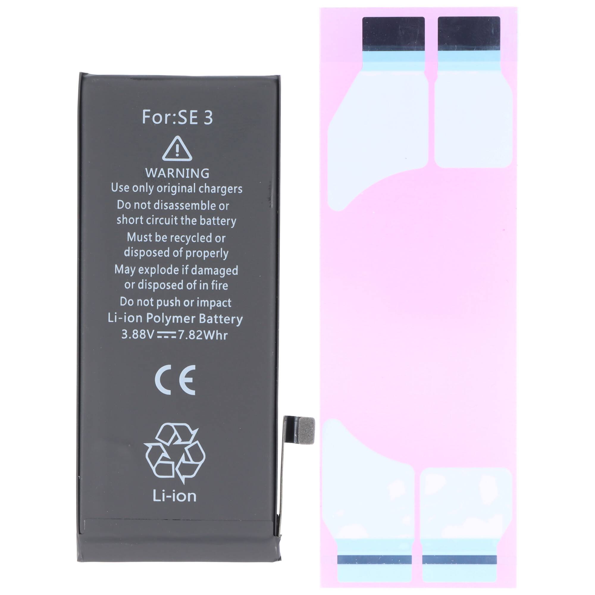 Ersatz-Lithium-Ionen-Akku für Apple Watch SE 3 mit Warntext und rosa haftendem Rückenstreifen.