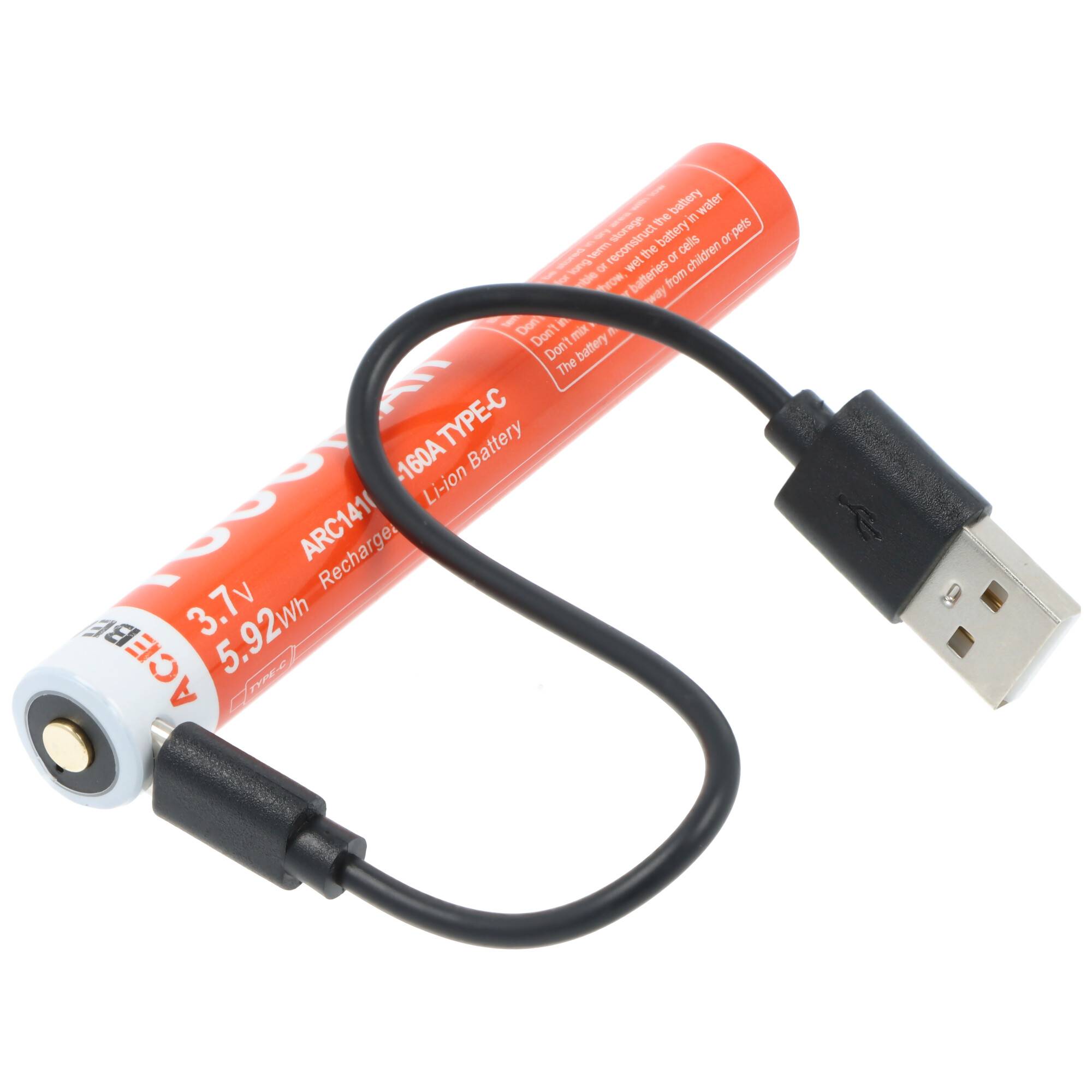 Rote wiederaufladbare 3,7V Lithiumbatterie mit angeschlossenem USB-Ladekabel
