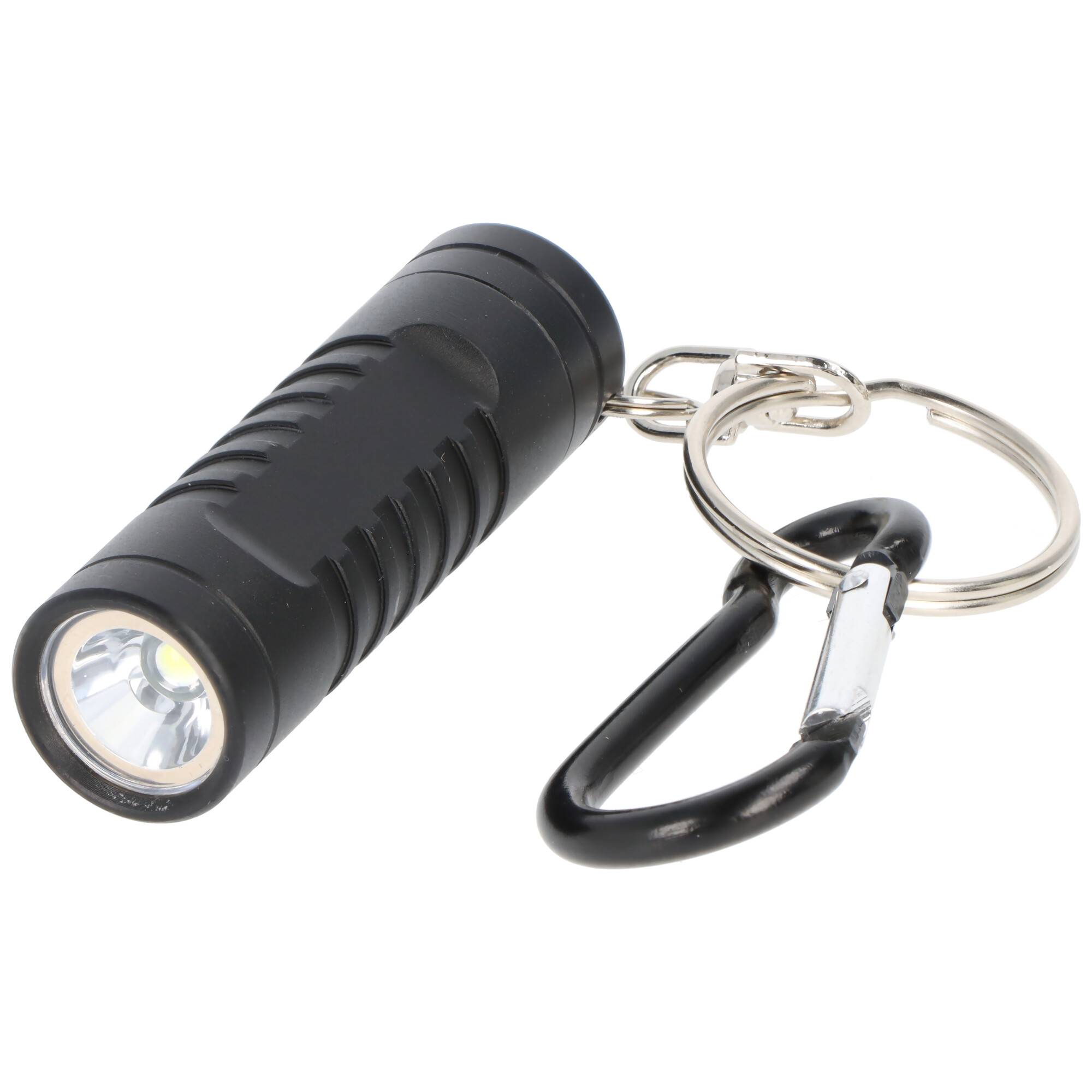 Schwarze Schlüsselanhänger-Taschenlampe mit angebrachtem Karabinerhaken und Schlüsselring auf weißem Hintergrund.
