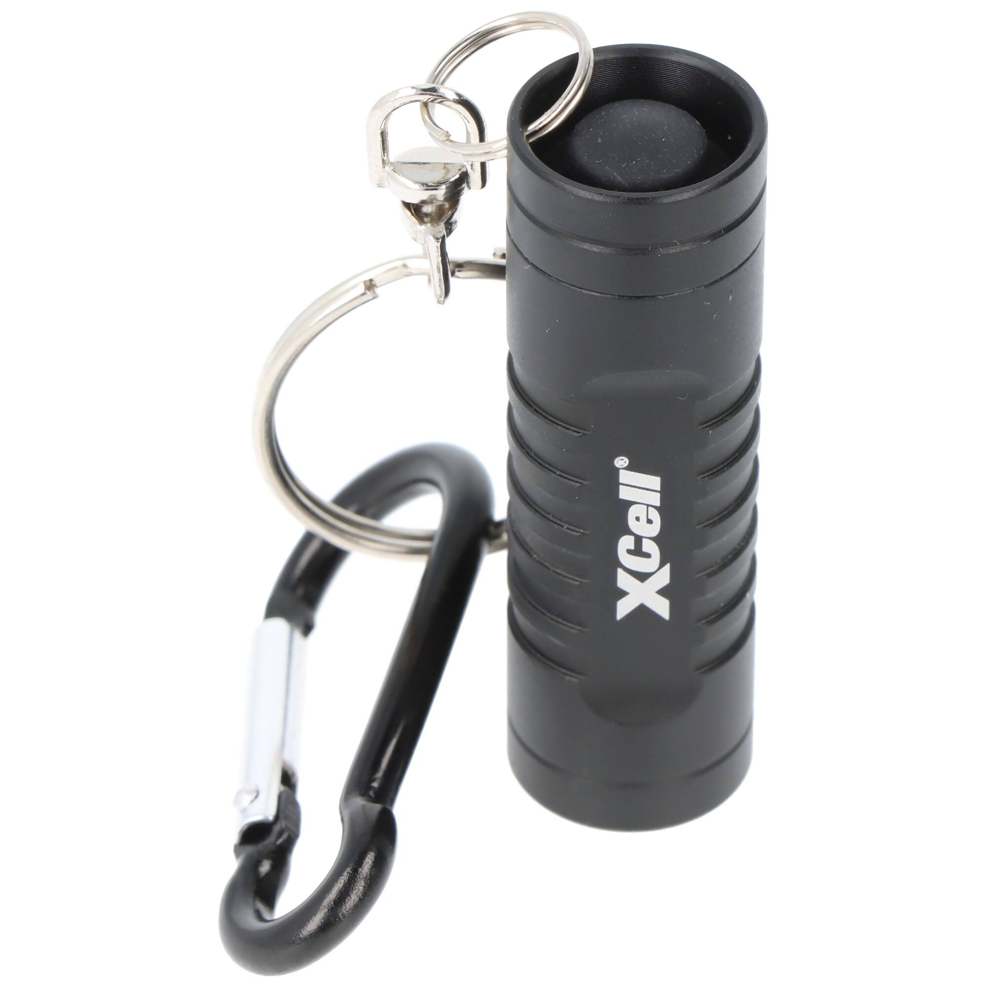 Schwarze Xcell-Schlüsselanhänger-Taschenlampe mit silbernem Schlüsselring und schwarzem Karabinerverschluss auf weißem Hintergrund.