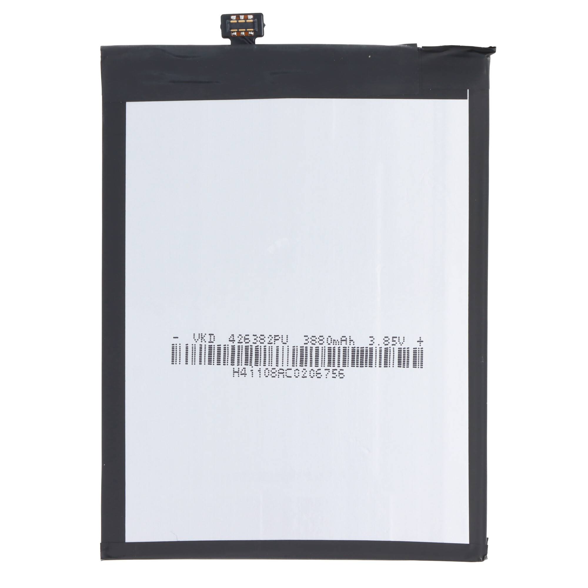 Ein rechteckiges Smartphone-Akkupack mit einem oberen Anschluss und gedrucktem Etikett, das „UKD 426382PU 3880mAh 3.85V