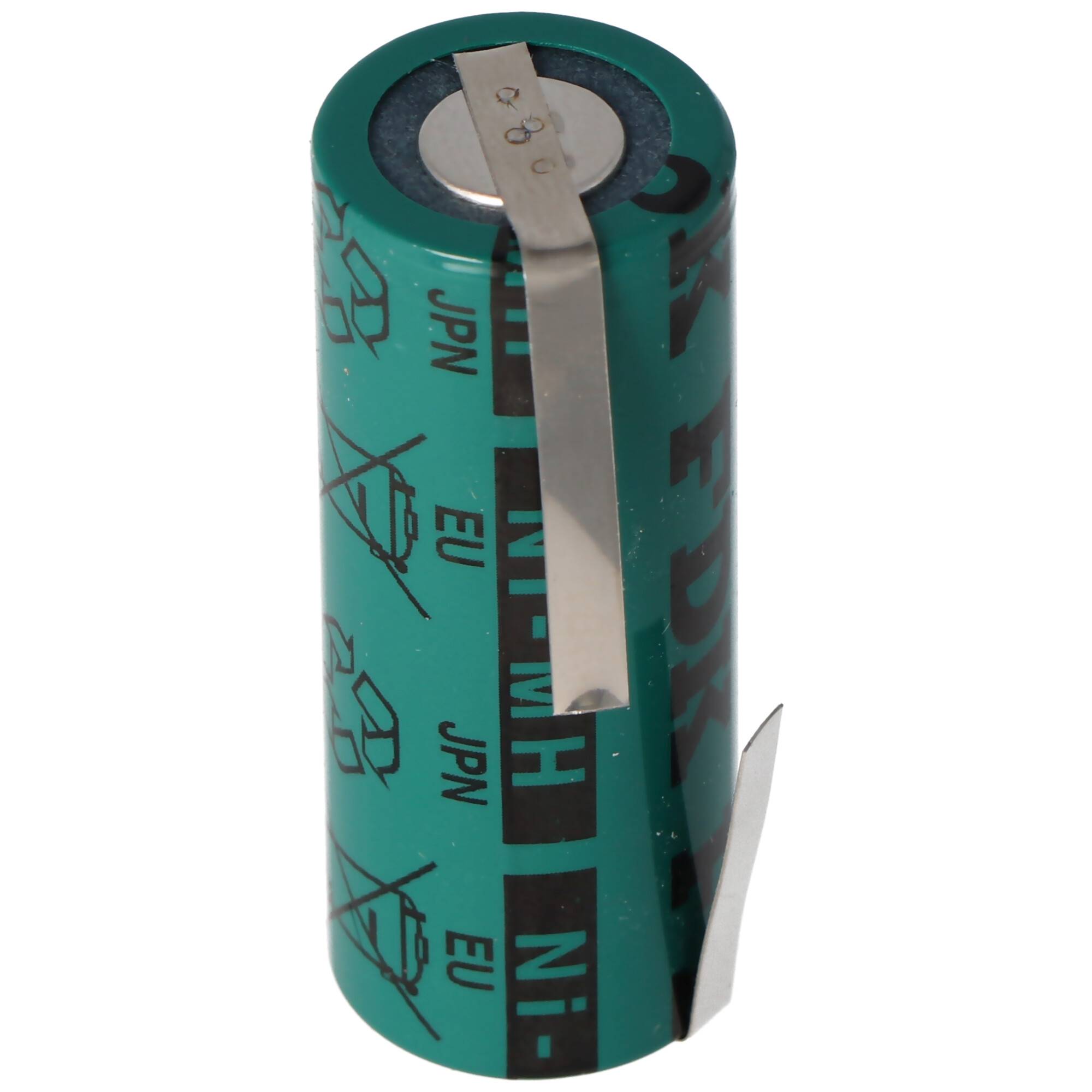 Eine blaugrüne zylindrische Batteriezelle mit Metallklemmen und aufgedruckter Beschriftung, isoliert auf weißem Hintergrund dargestellt.