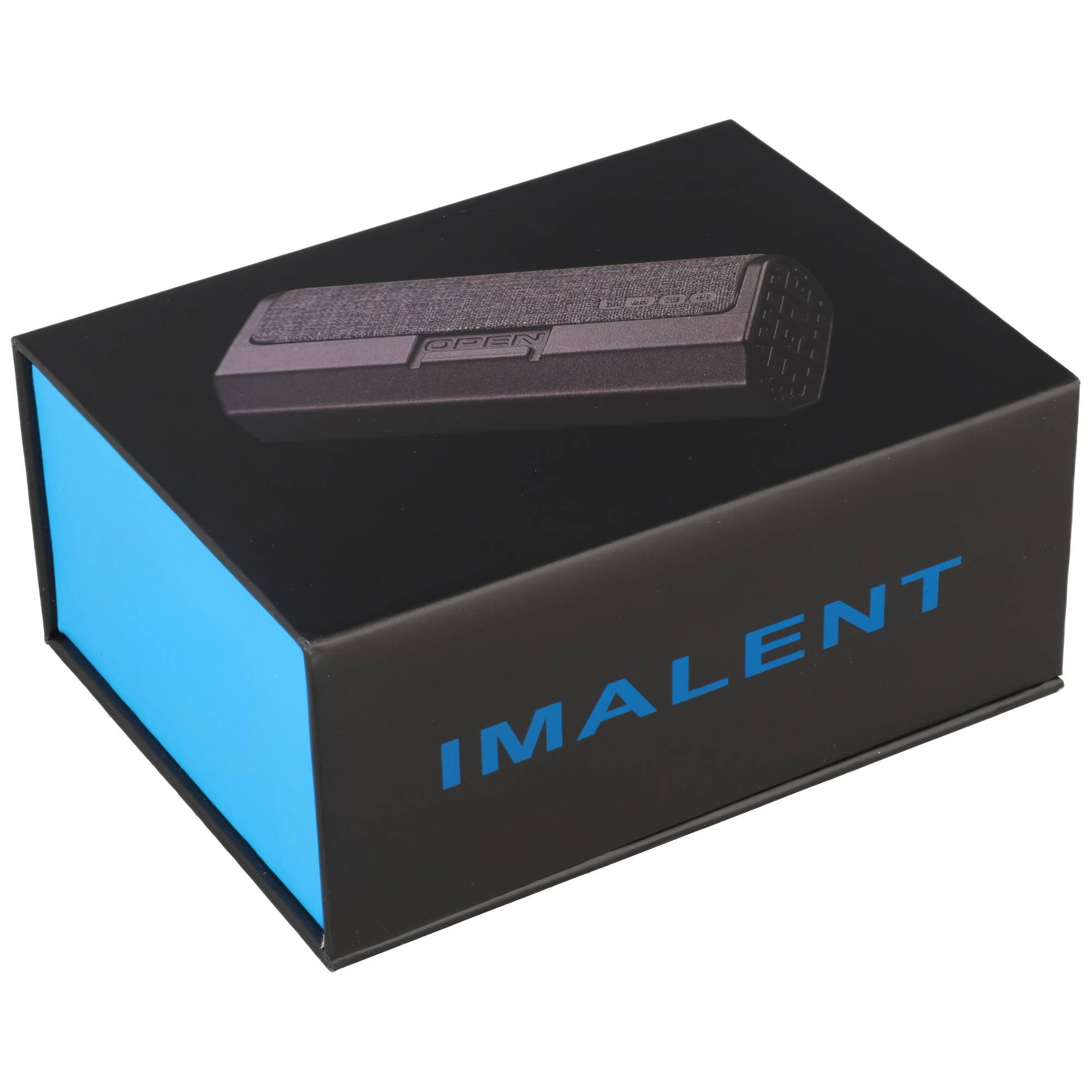Schwarze IMALENT-Produktbox mit blauem Seitenpanel und einer auf der Oberseite abgebildeten Taschenlampe