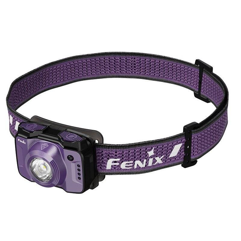 Violette Fenix-Stirnlampe mit verstellbarem Kopfband, von vorne auf weißem Hintergrund dargestellt.