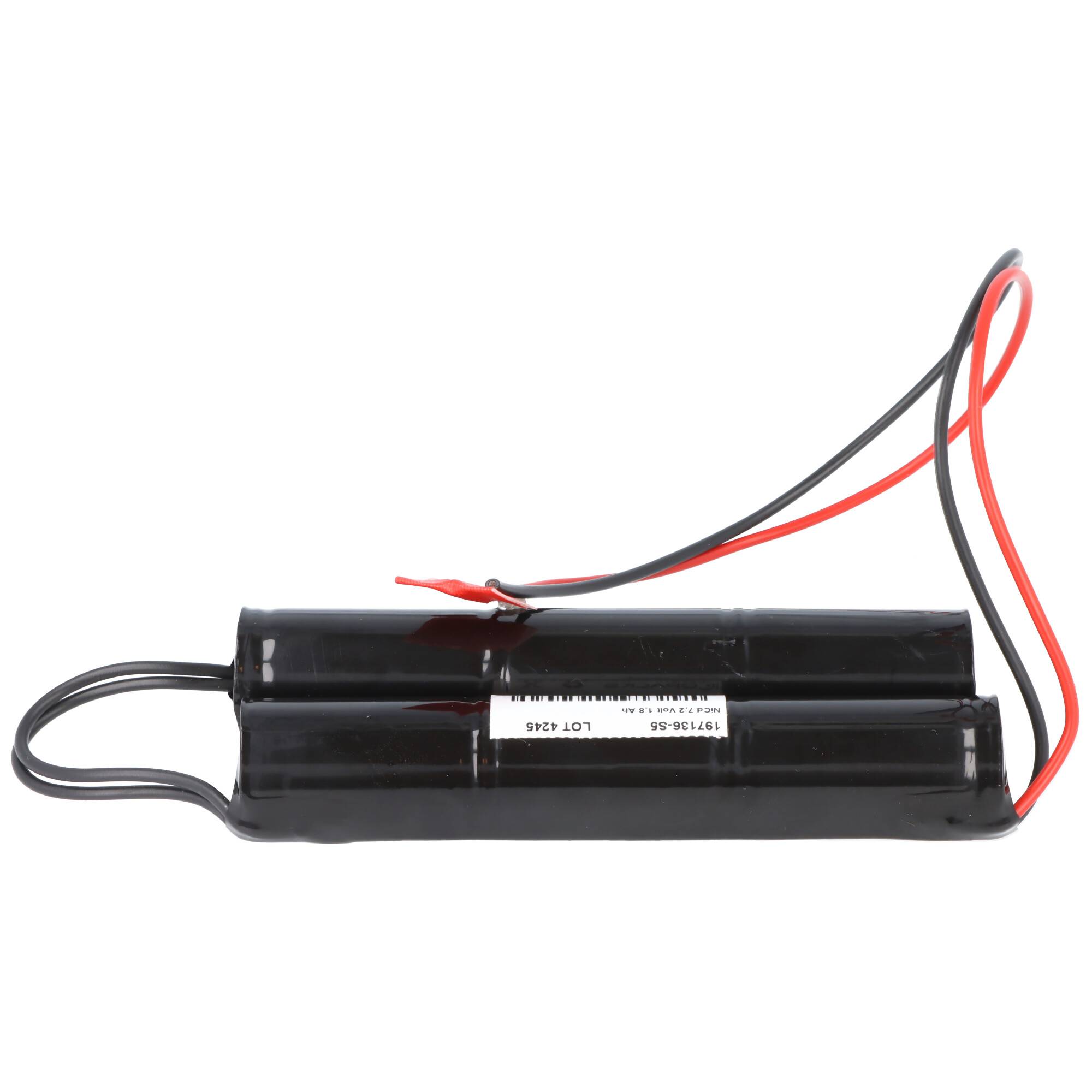 Schwarzes duales zylindrisches Batteriepack mit roten und schwarzen Kabeln auf weißem Hintergrund.
