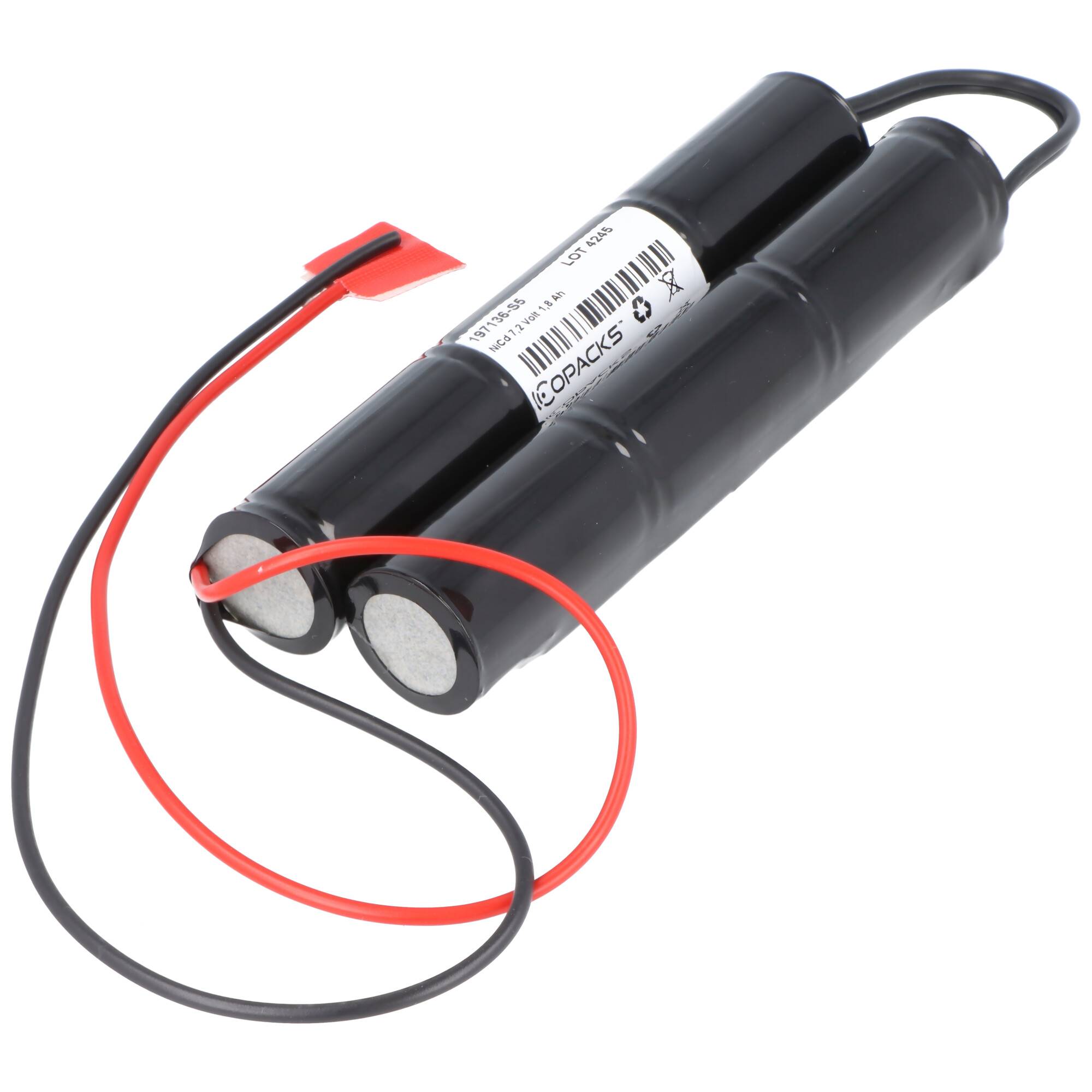 Zwei schwarze zylindrische Batterien, die mit roten und schwarzen Drähten und einem Stecker miteinander verbunden sind, auf weißem Hintergrund dargestellt.