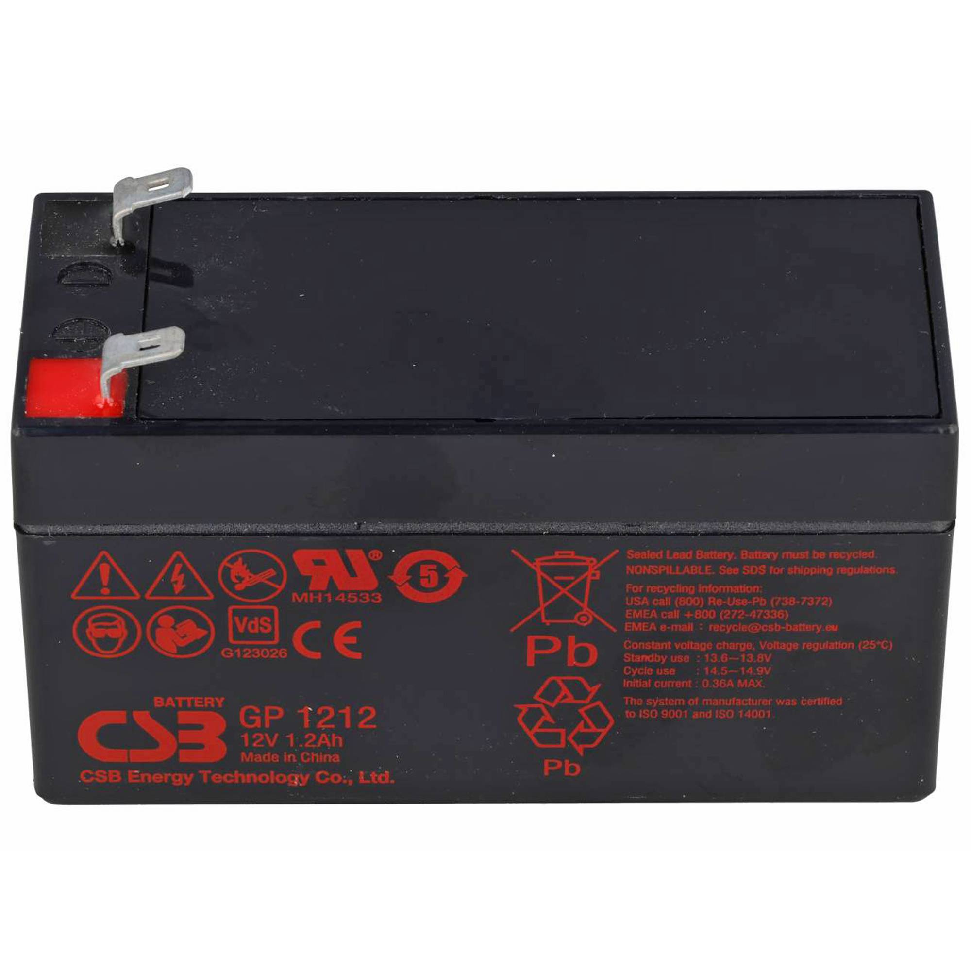 Schwarze CSB GP 1212 12V 1,2Ah versiegelte Blei-Säure-Batterie mit zwei Metallanschlüssen und roten Warnaufklebern.