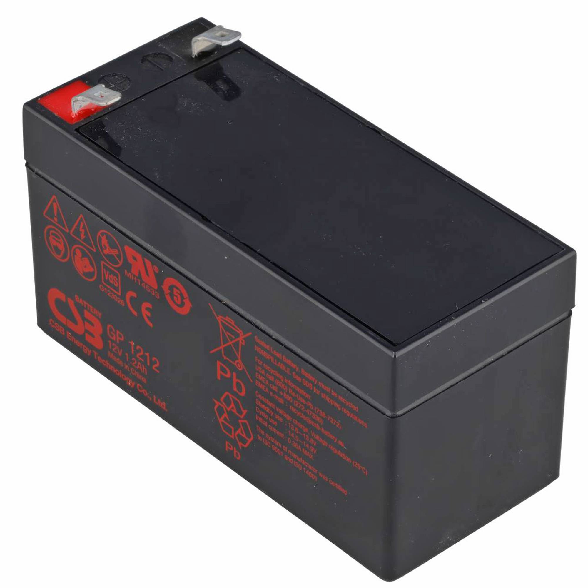 Schwarze rechteckige wiederaufladbare Batterie mit Metallklemmen und roten Sicherheitsetiketten auf weißem Hintergrund.