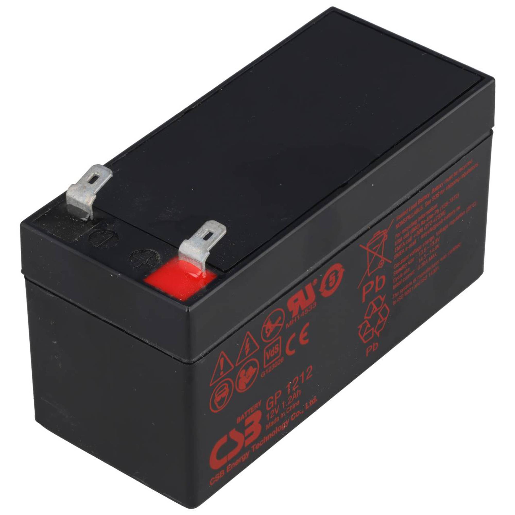 Schwarze rechteckige wiederaufladbare Batterie mit zwei Metall-Anschlussfahnen und roter Markierung des positiven Pols.