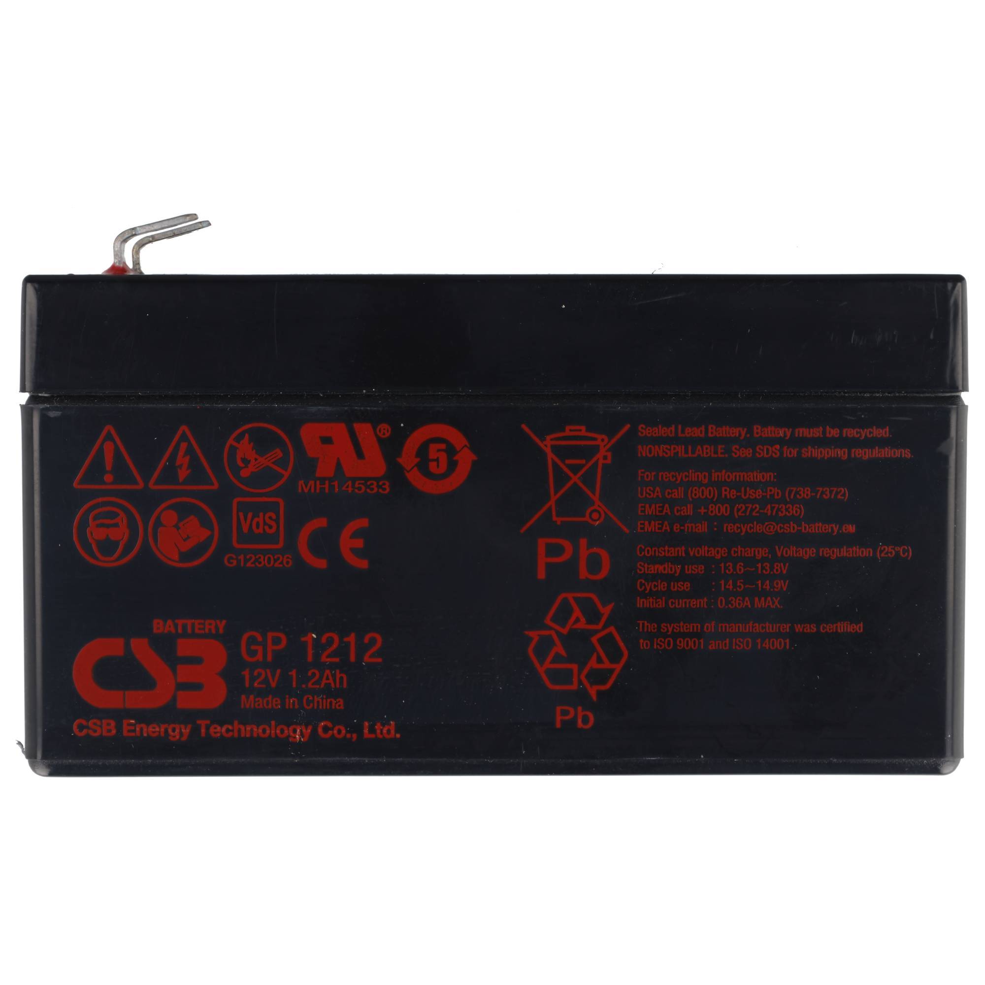 Schwarze CSB GP 1212 12V 12Ah versiegelte Bleisäure-Batterie mit roten Warnaufklebern und Anschlüssen oben.