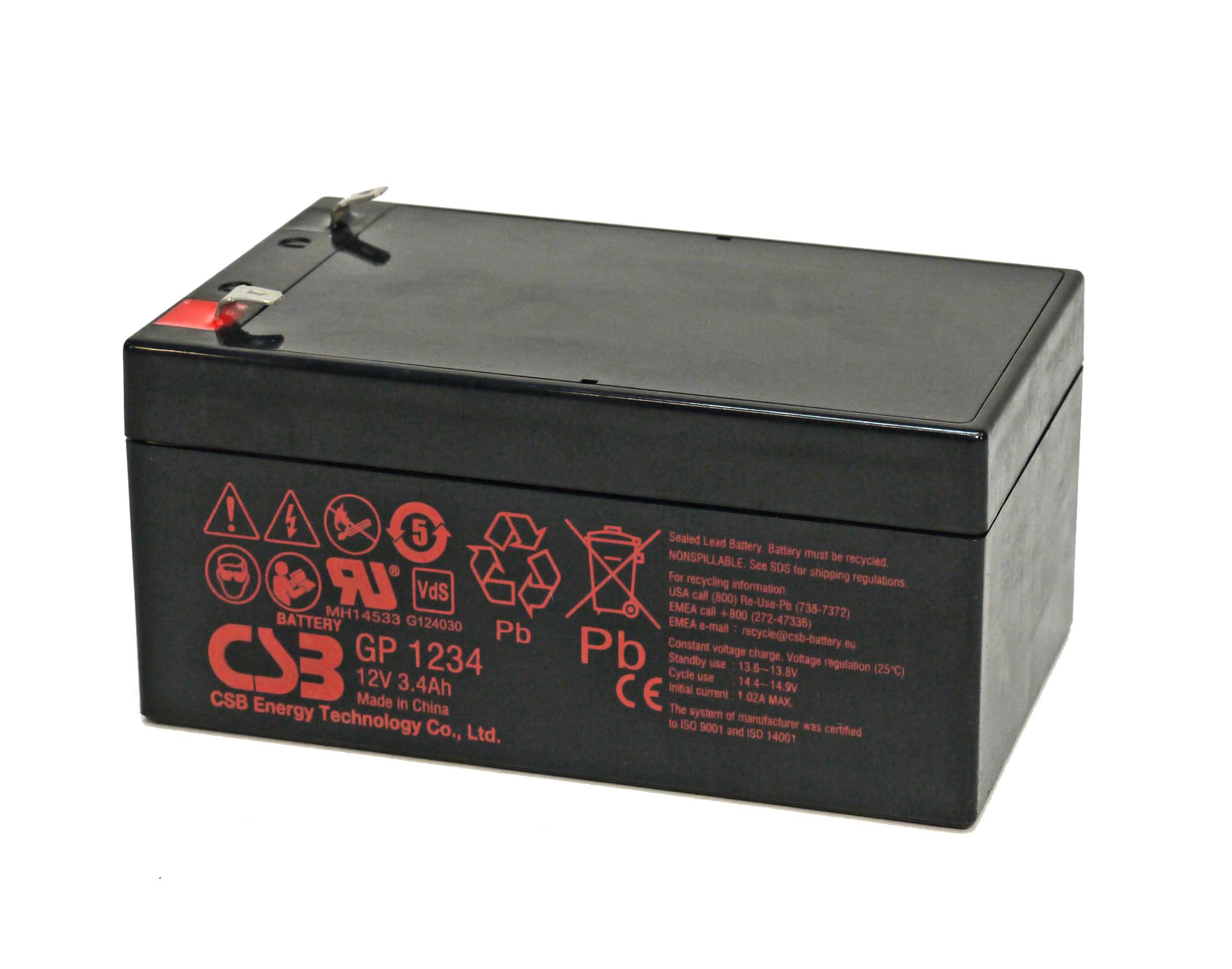 Schwarze versiegelte Bleiakkumulatorbatterie mit roten Warnetiketten und Anschlüssen oben.